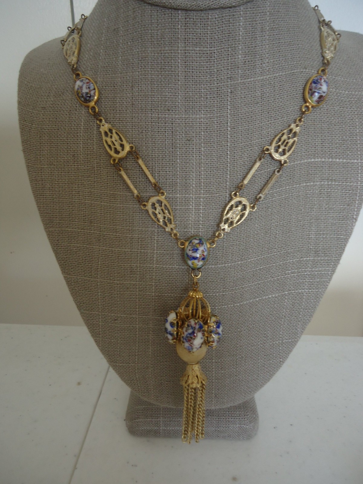 Vintage Art Glass Lavalier Filigree Tassel Necklace, Gold Tone, 22″