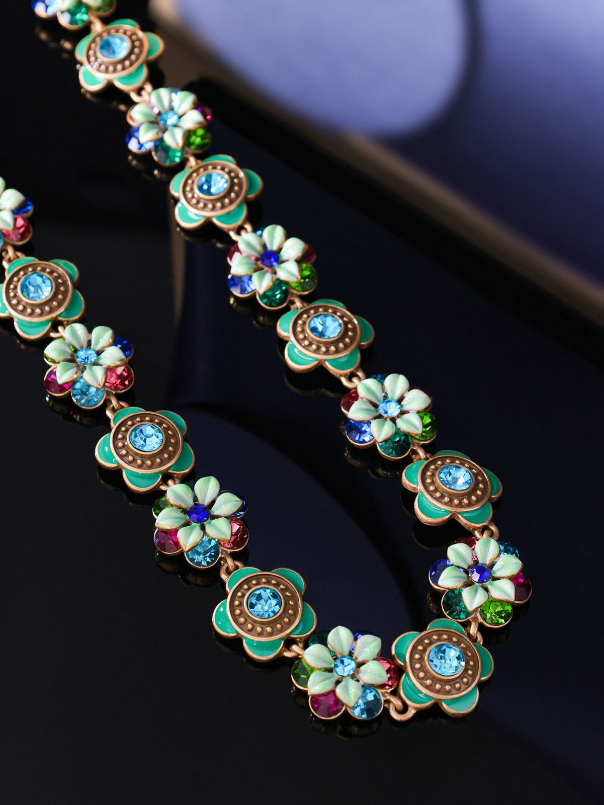 Vintage European Floral Link Necklace Rhinestone Gold Victorian Jewelry Gift