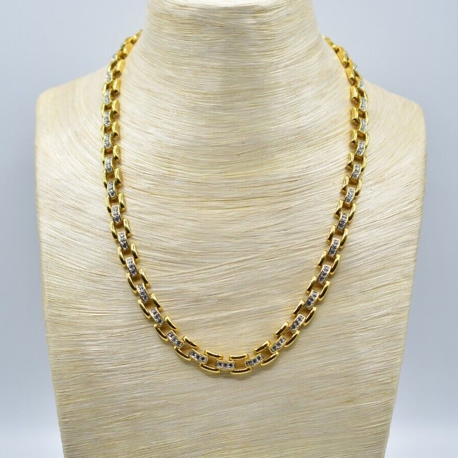 Vintage Crystal Linked Chain Collar Necklace Square Rhinestone 19.5″ 1980s Bin5