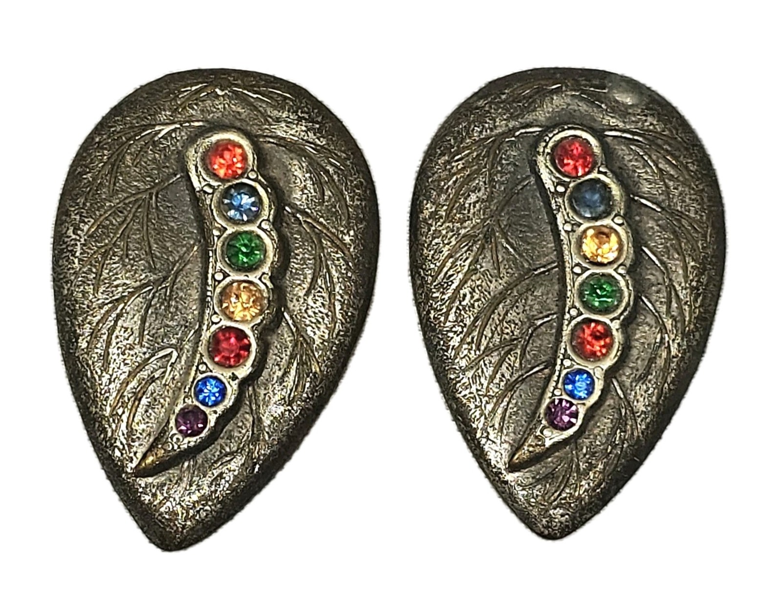 Antique Art Deco Bejeweled Metal Leaf Clip On Earrings | Appr 1.5″L & .75″W