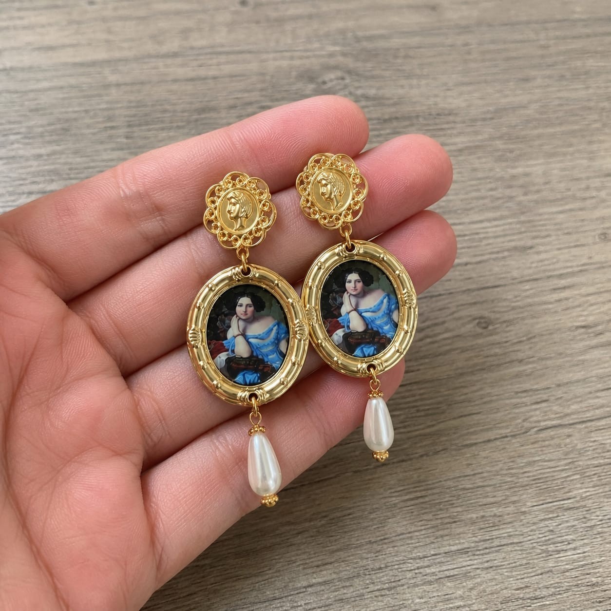 Vintage Portrait Pearl Drop Earrings Gold Baroque Victorian Rococo Dangle Gift