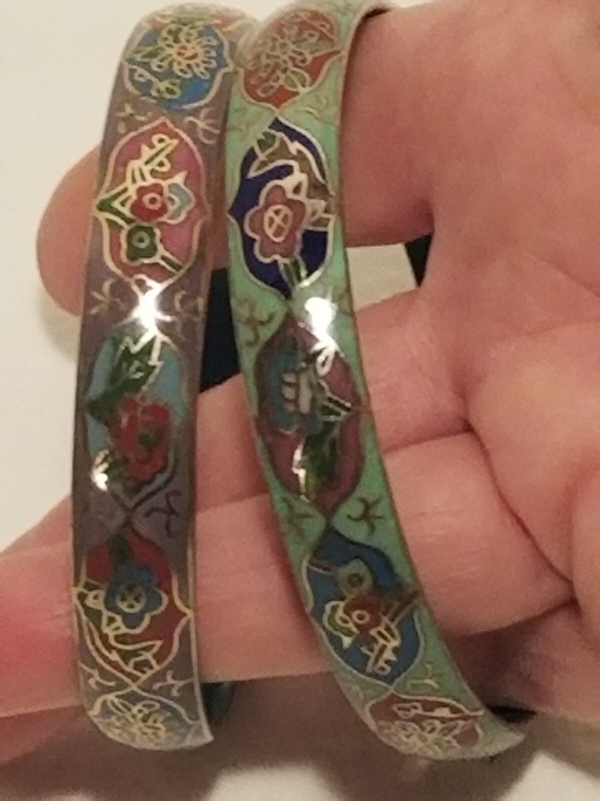 Vintage Chinese Cloisonne Enamel Flower Bangle Bracelet Lot (2) Beijing