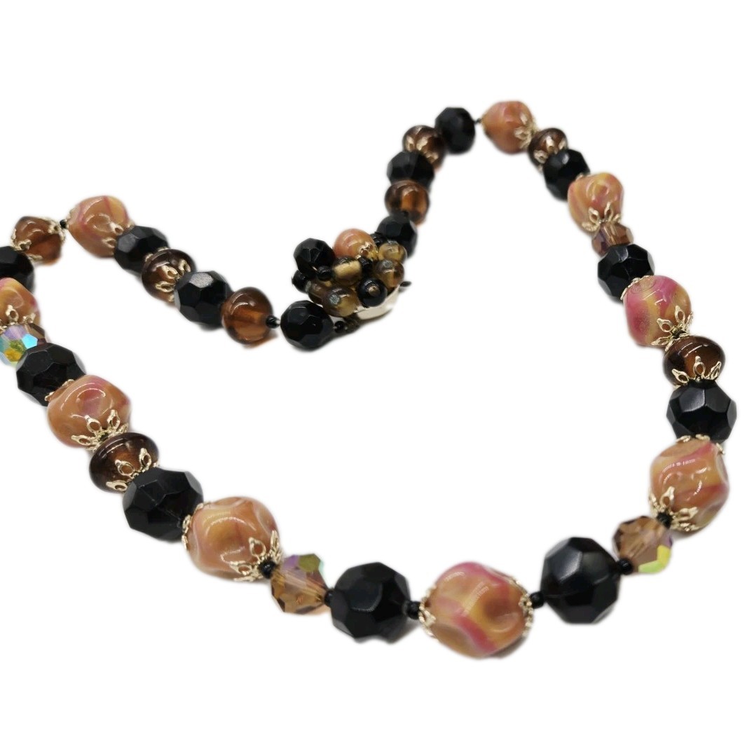 Necklace Amber Brown Peach Multicolored Glass Beaded Signed JAPAN 21 in