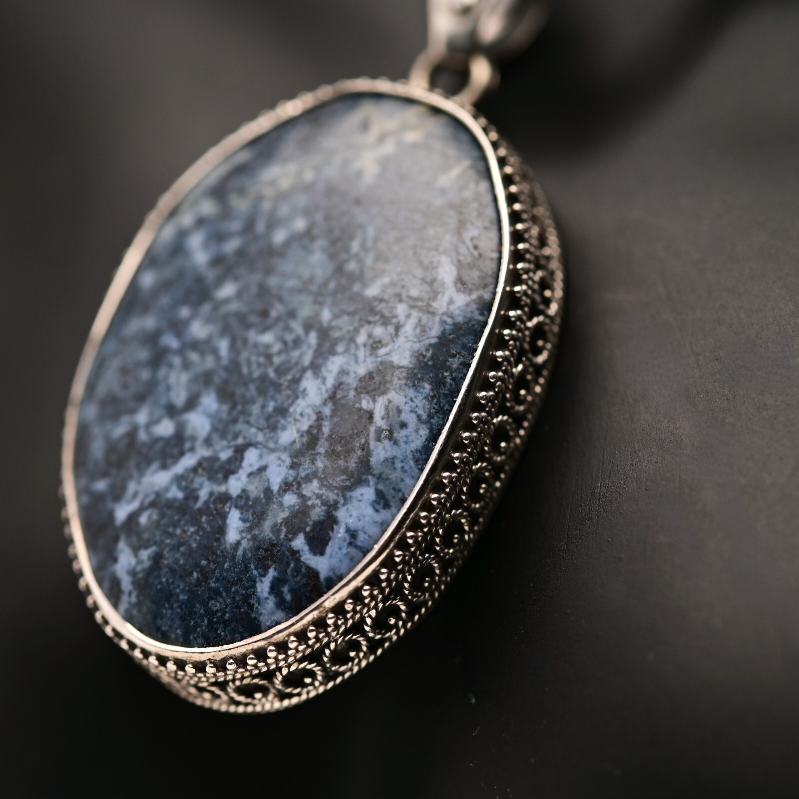Vintage Original Sterling Silver Dumortierite Gemstone Pendant Estate Necklace