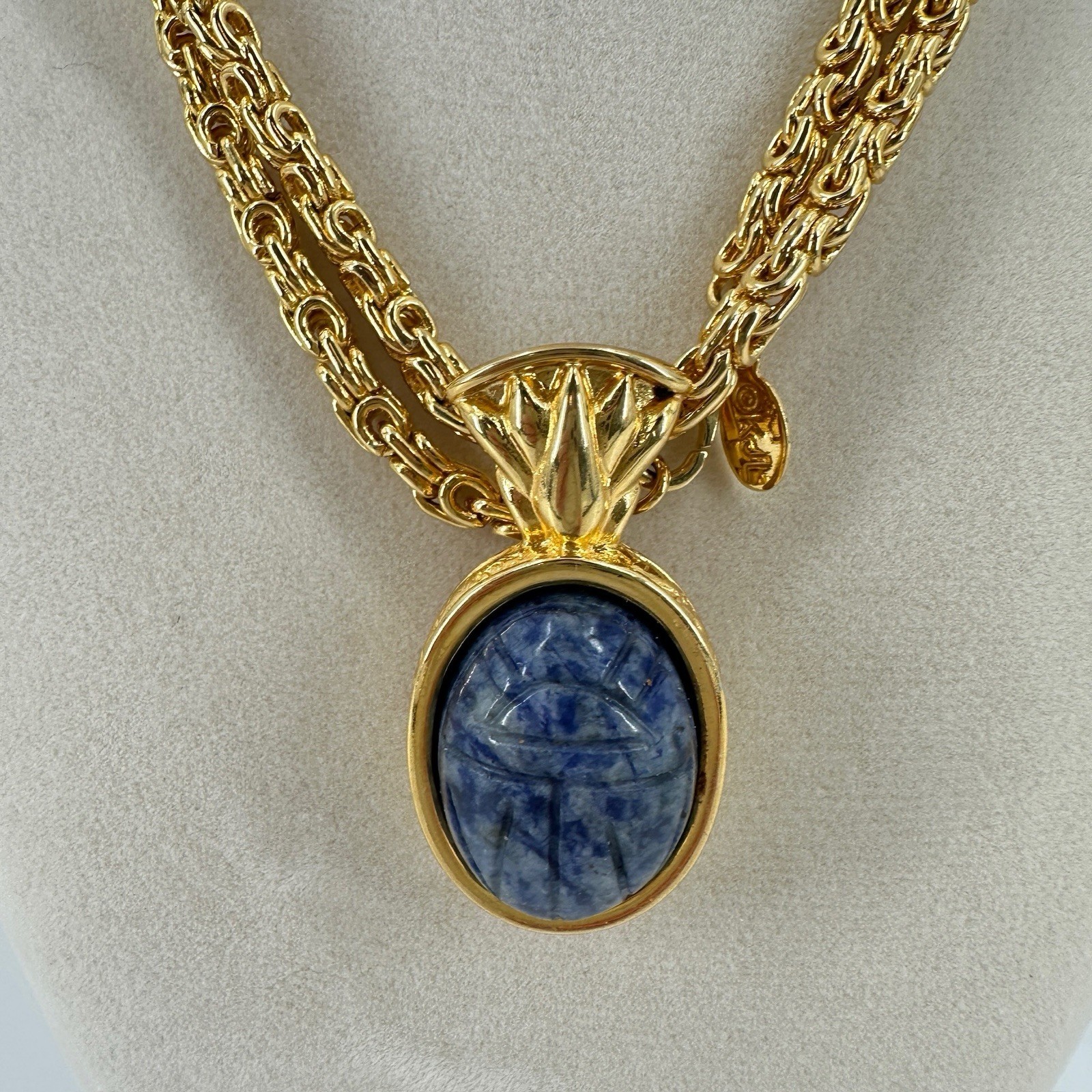 Vtg Kenneth Lane Byzantine Necklace Egyptian Revival Scarab KJL Faux Lapis 34″