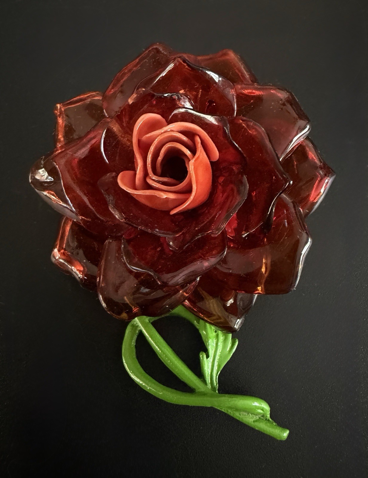 Vtg Coral Cellulose Acetate Rose Flower Brooch Enamel Green Stem 3D Translucent