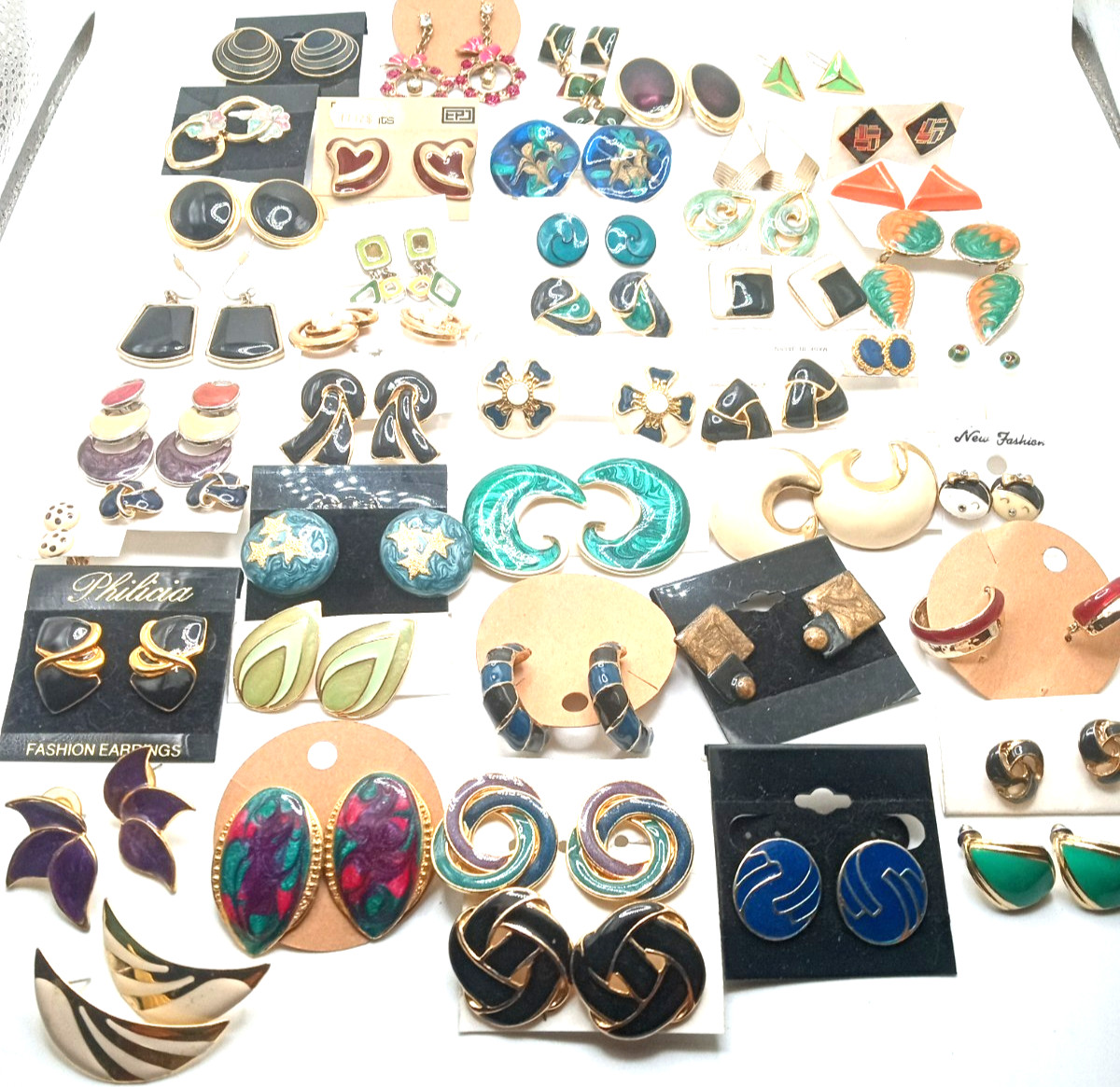 Vintage Enamel Pierced Earrings 80’s & More Colorful Variety Lot of 64 Pairs