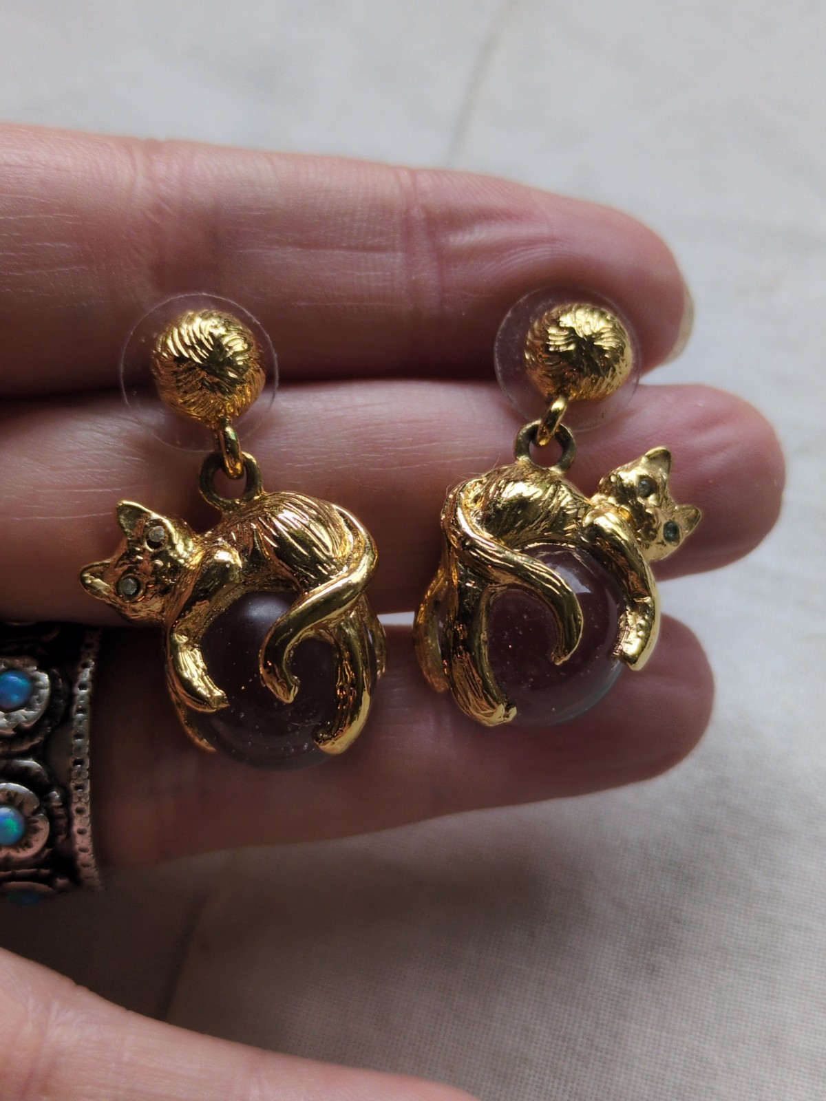 Vintage Cat Pool Of Light Gold Plate Earrings, Crystal Eyes