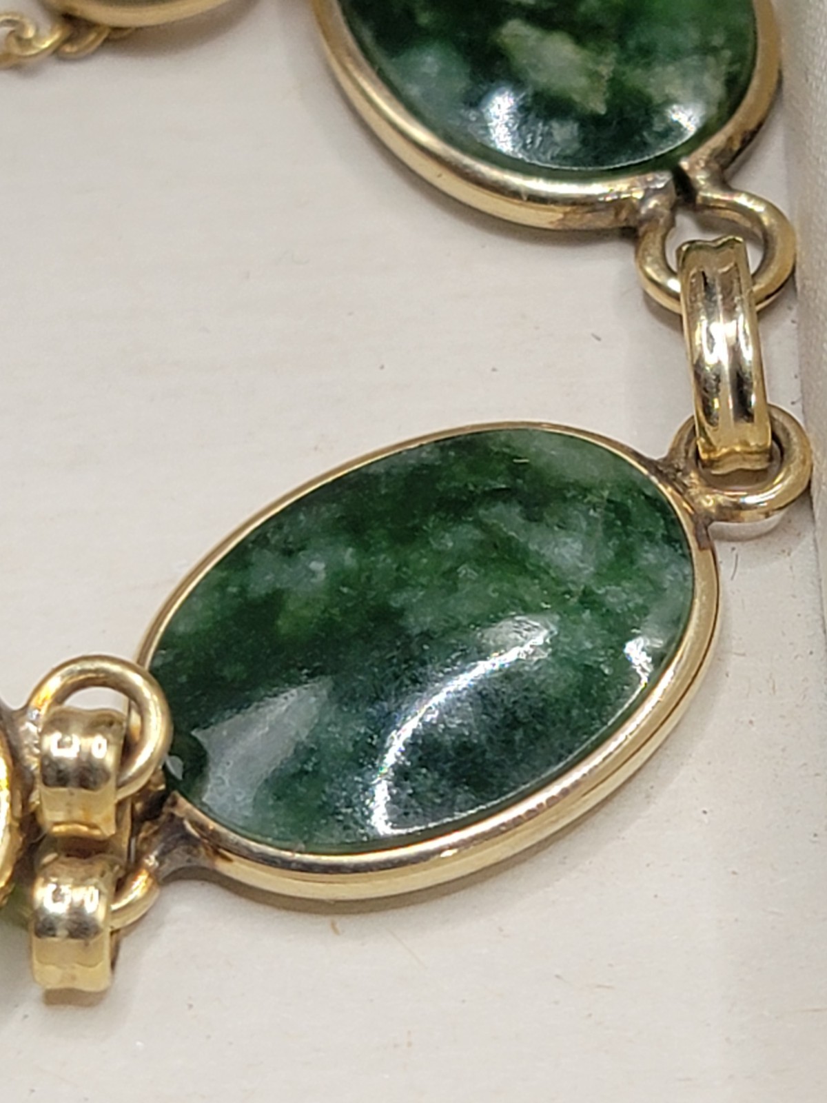 Green Jade Moss Agate 1/20 12K Gold-Filled Bracelet, Safety Chain, Vintage, 7”
