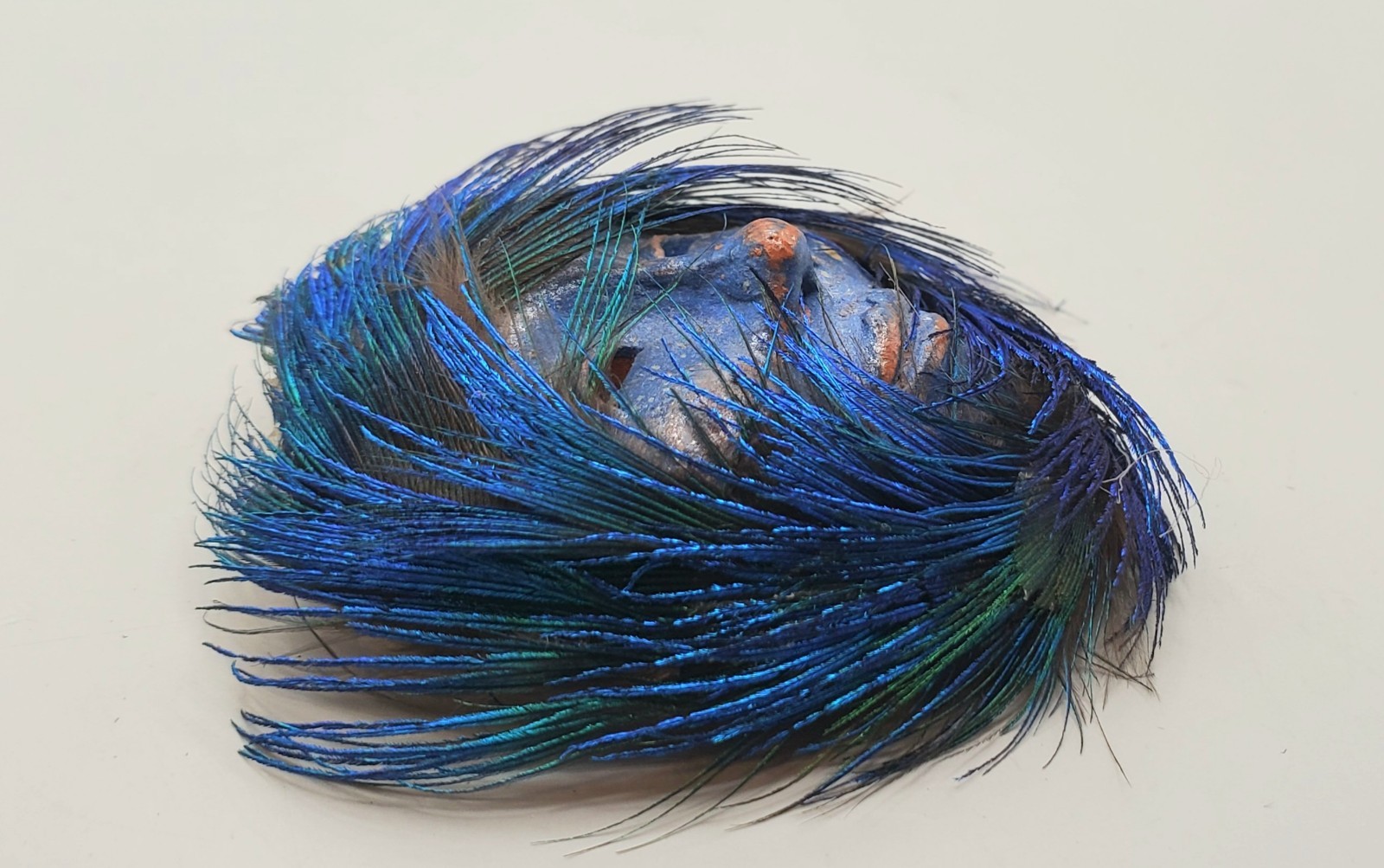3 Brooches: Tribal Peacock Feather Clay Mask, RITZ Pewter Face, Bar W/ Charms
