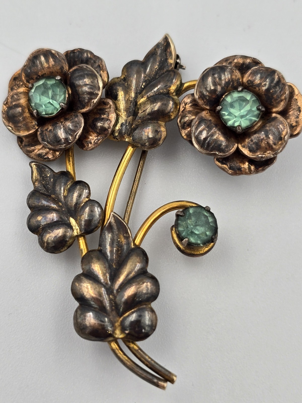Vintage Sterling Silver 1/20 12K Gold Filled Green Rhinestone Flower Brooch Pin