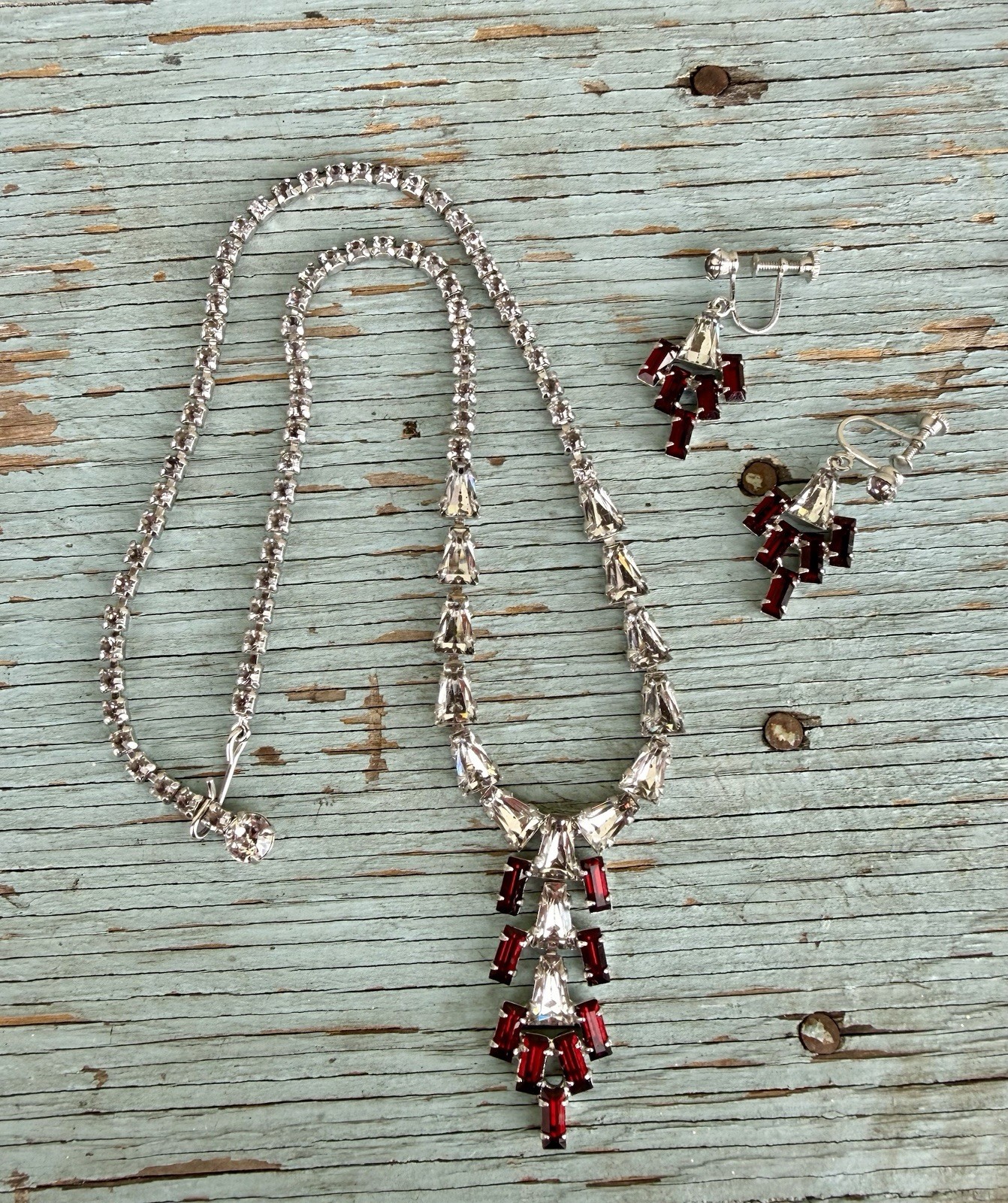 Vintage 1950’s B. David Red & Clear Rhinestone Drop Dangle Necklace & Earrings