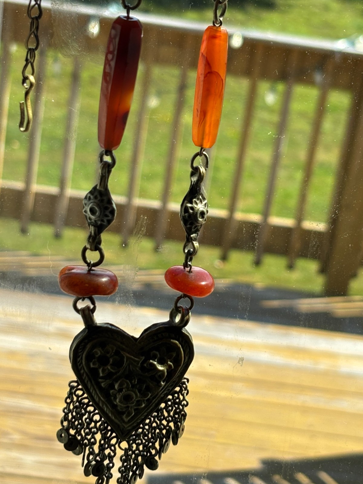 Vintage Turkmen Silver Carnelian Asyk Heart Necklace Yemeni Tribal Statement