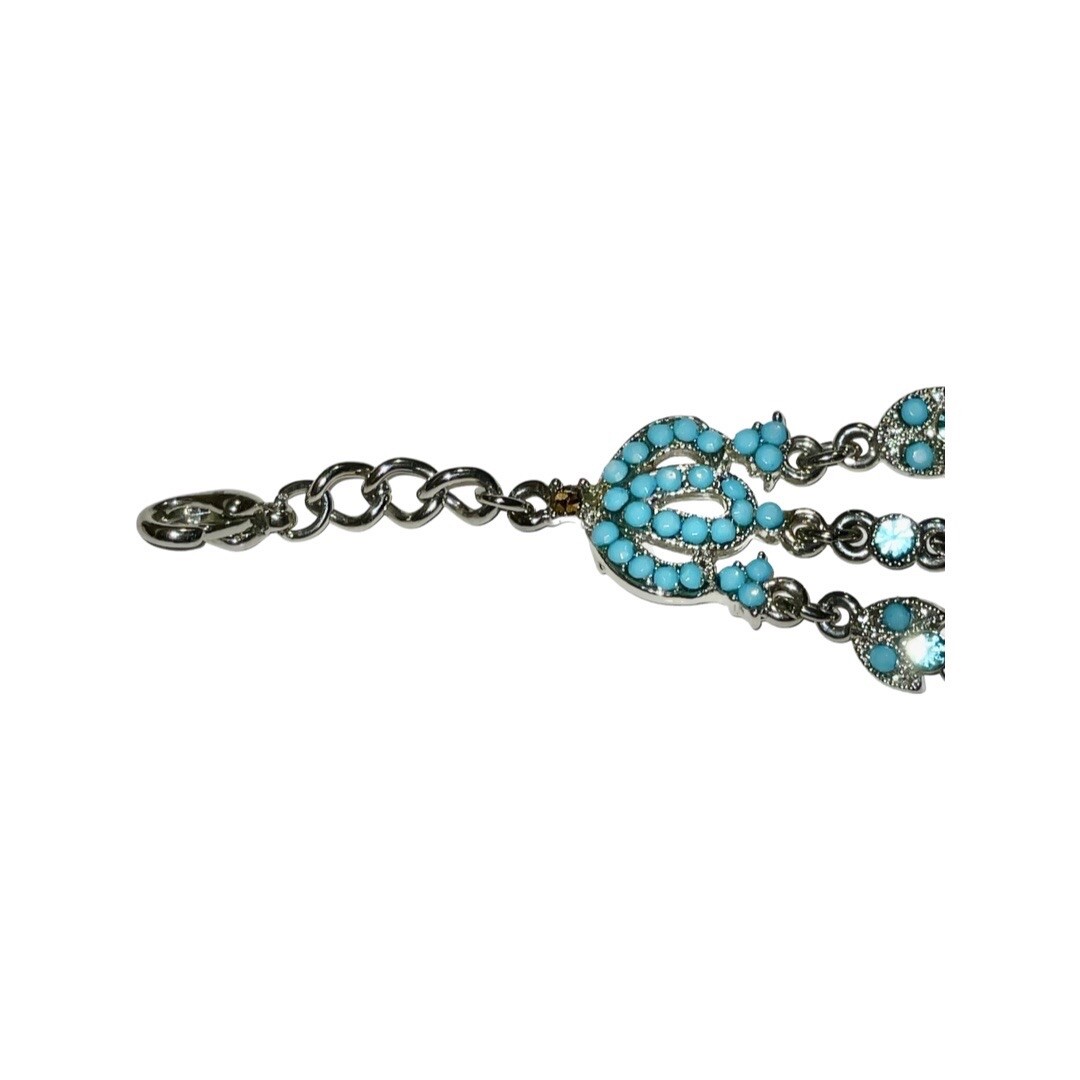VCLM Victorian Filigree Silver Turquoise Crystal Wide Statement Bracelet