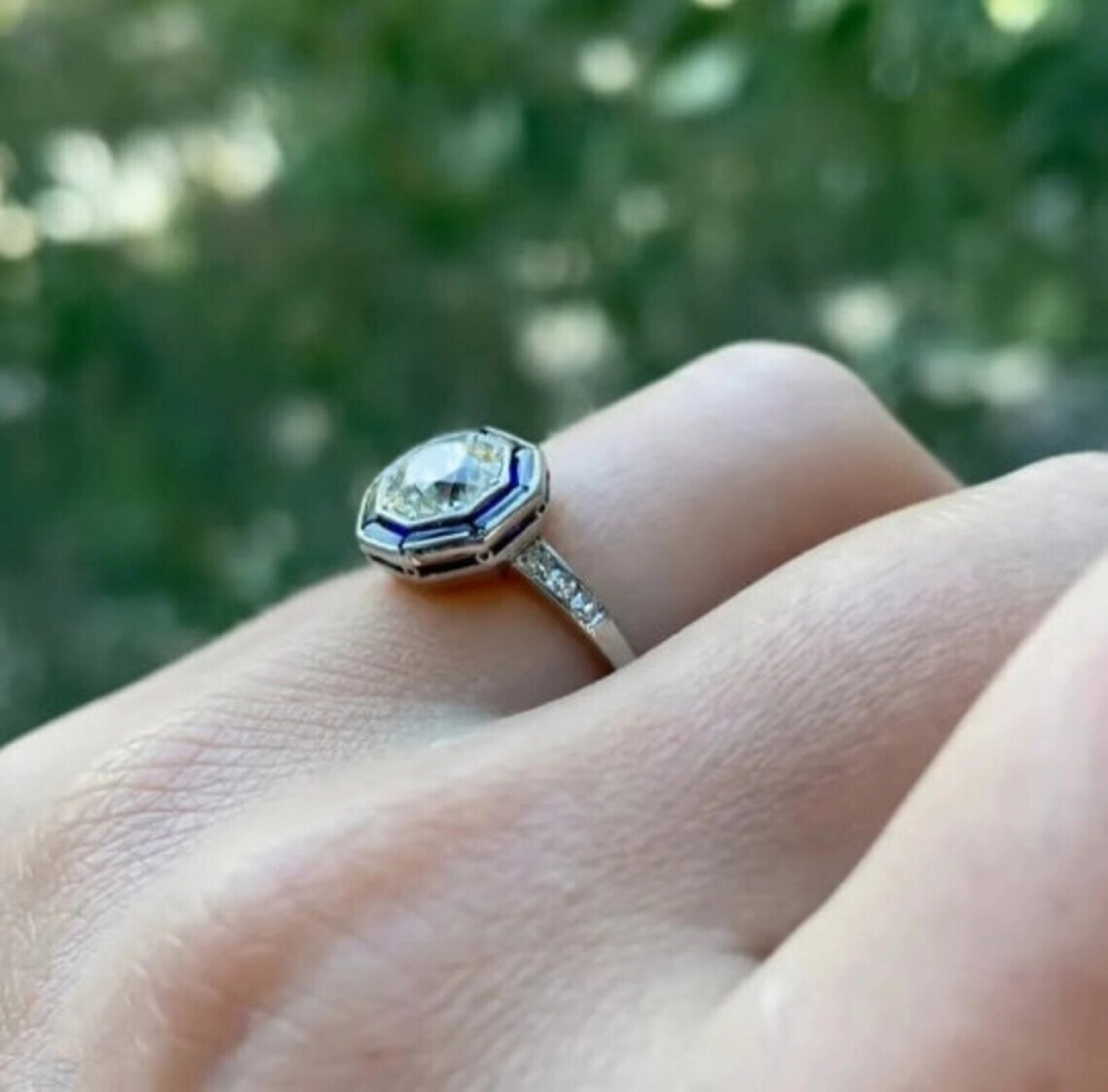 1890’s Moissanite & Blue Sapphire Halo Engagement Ring in 935 Argentium Silver