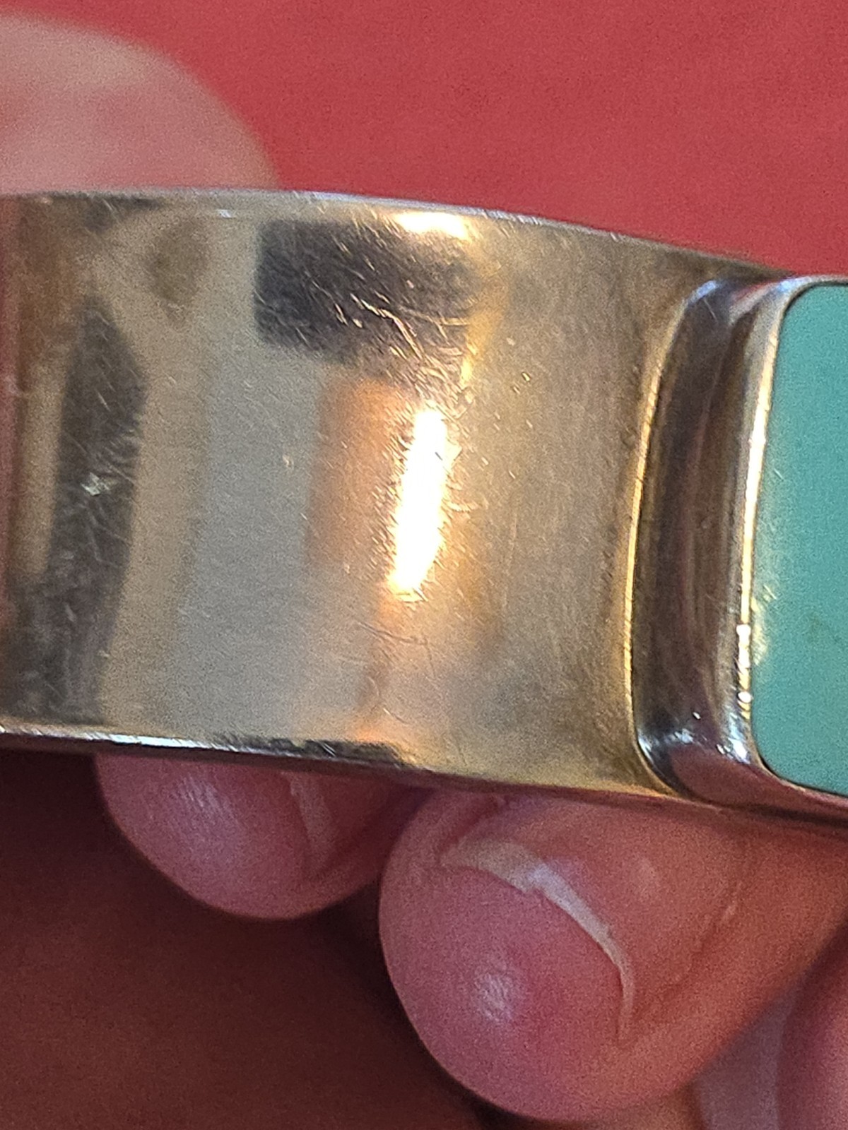 Vtg 70s Modernist Southwst .75″ Wide Sterling 925 Cuff Bracelet & Teal Acrylic?