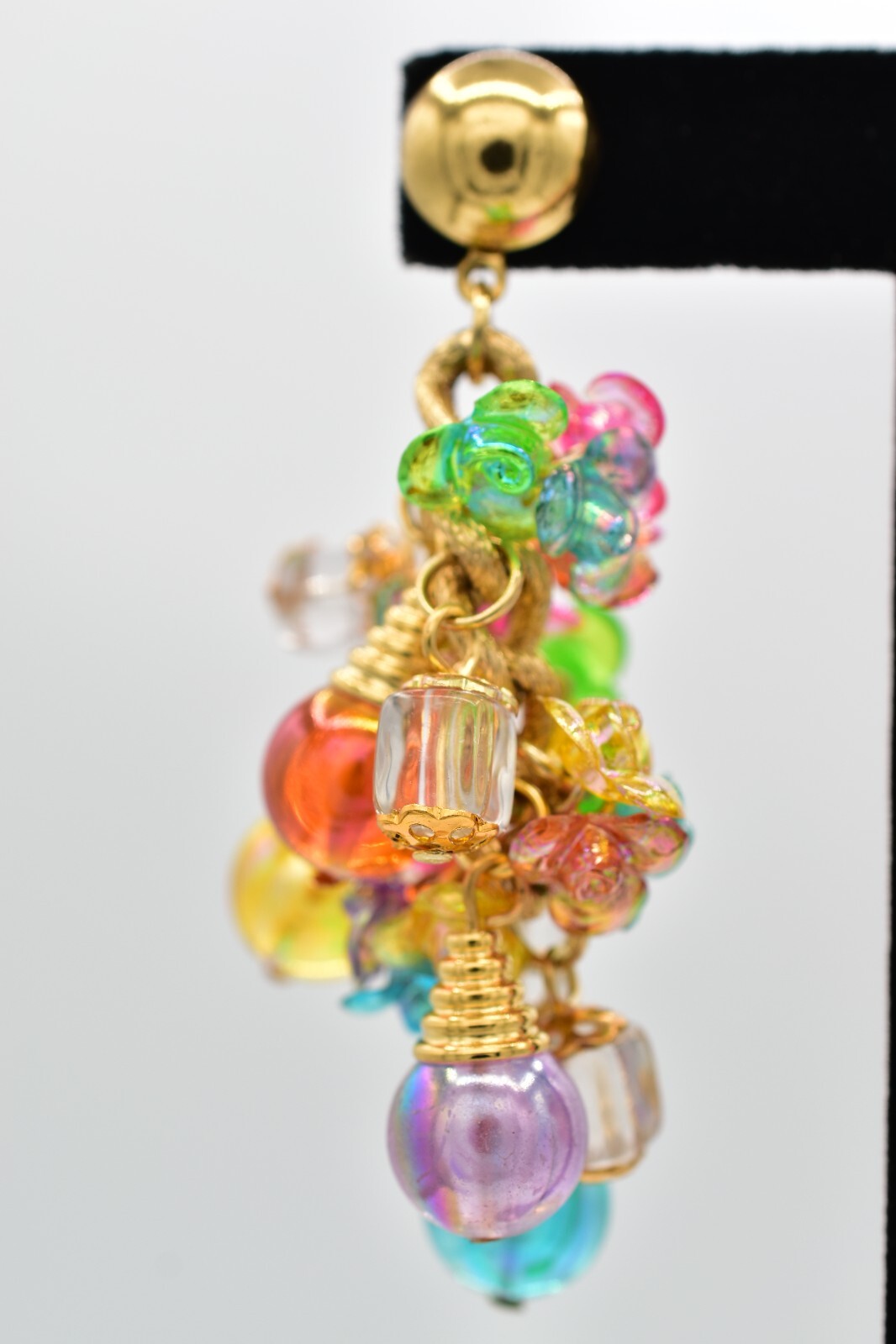 Vintage Ornament Beaded Dangle Earrings Chain Multi-Color Lucite Chunky NOS A28