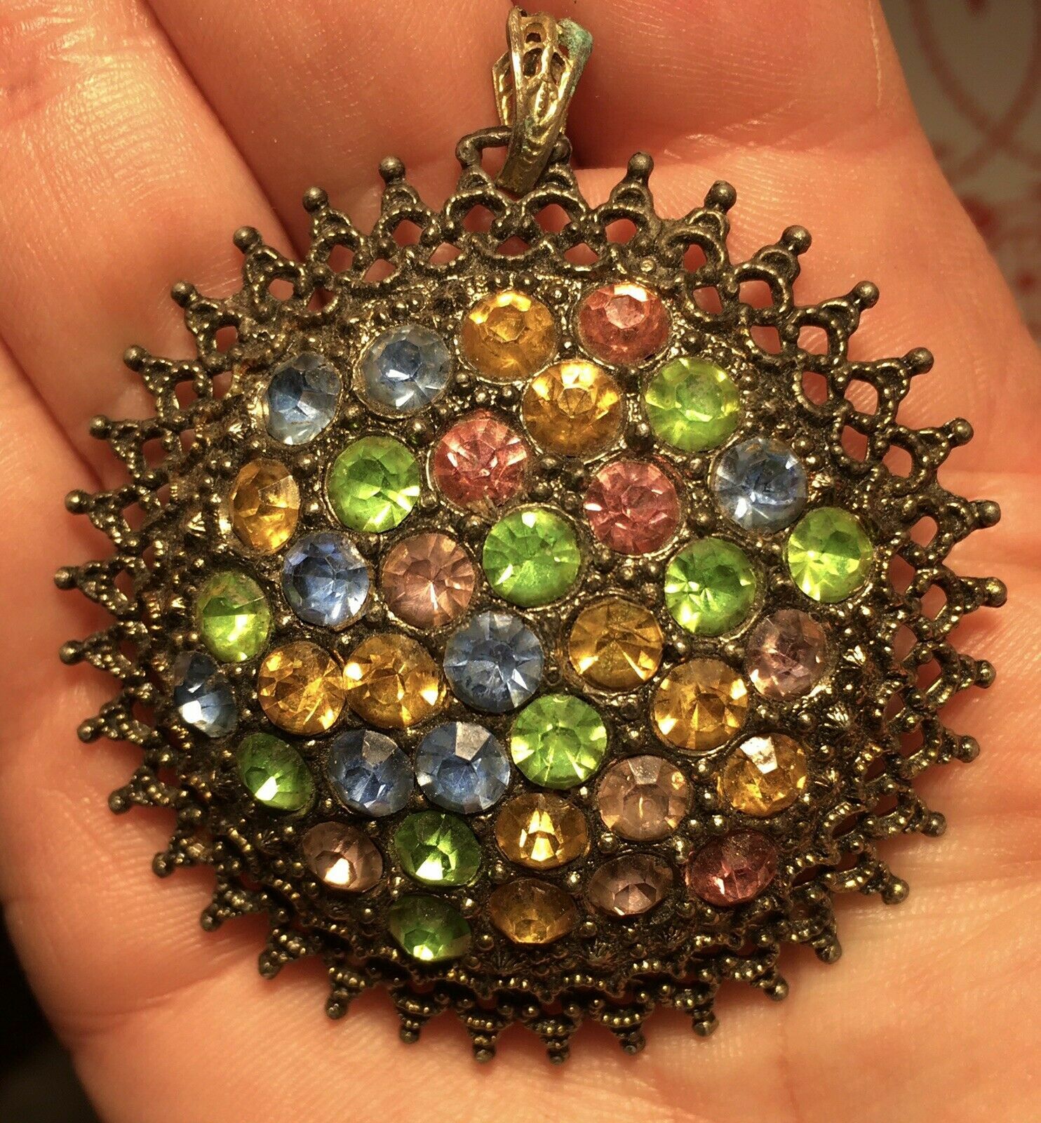 Vtg Signed Necklace Pendant Art Deco LN Little Nemo Colorful Pastel Fruit Salad
