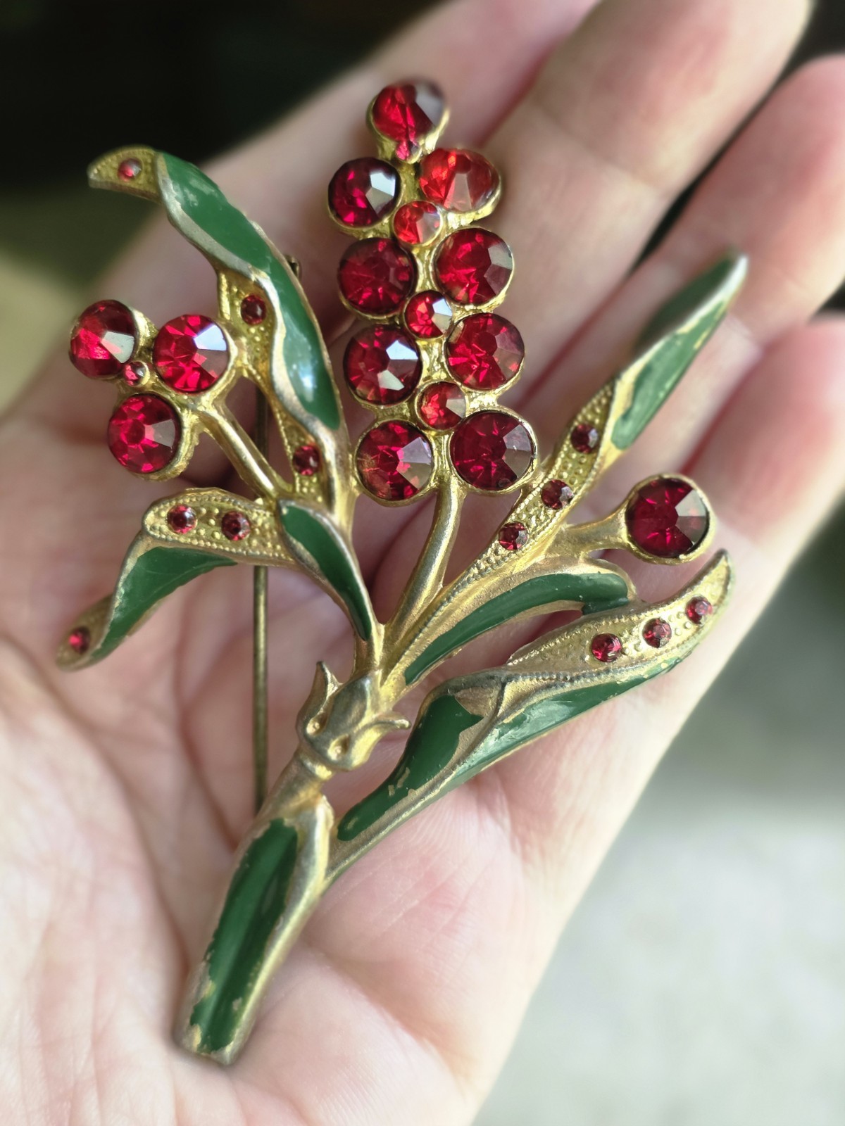 Vintage Pot Metal 1930s Floral Red And Green Goldtone Brooch