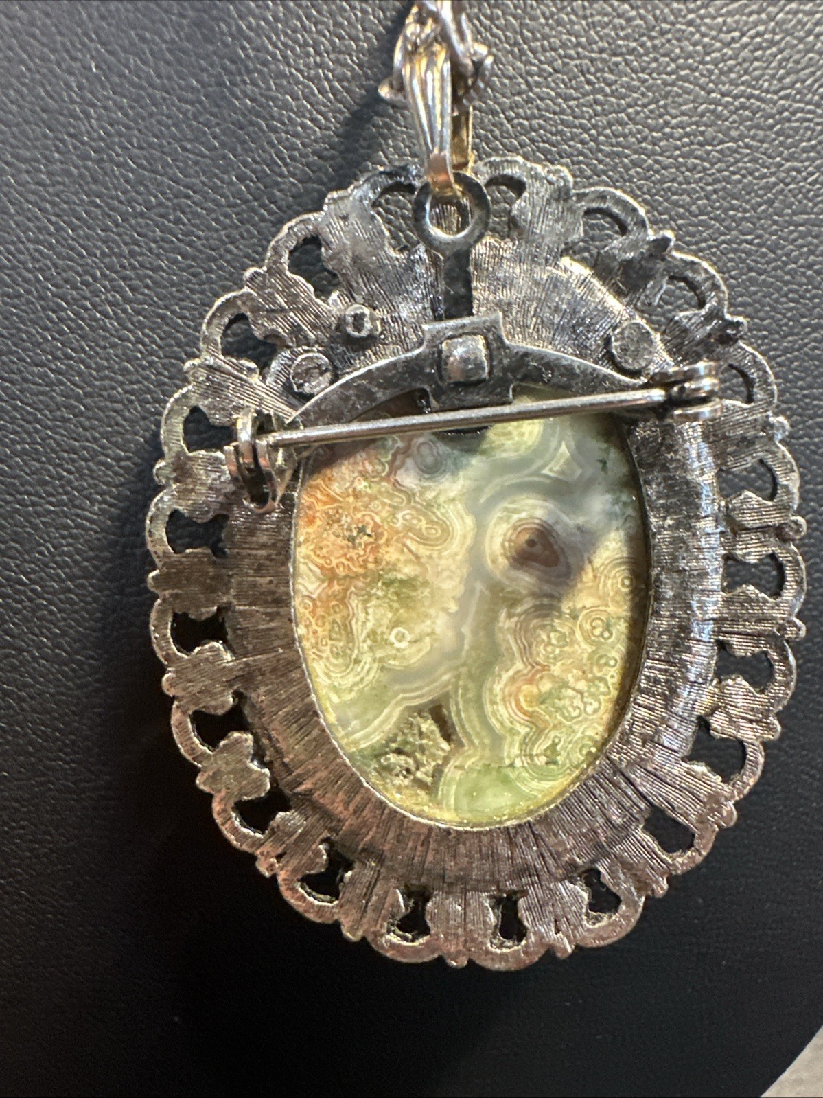 Vintage Crazy Lace Agate Brooch Pendant Victorian Revival Large Statement Pin