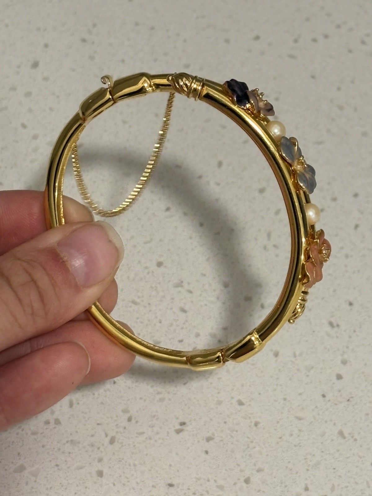 Vintage Joan Rivers Flower Bangle Bracelet Pearl Gold Tone With Safety Chain