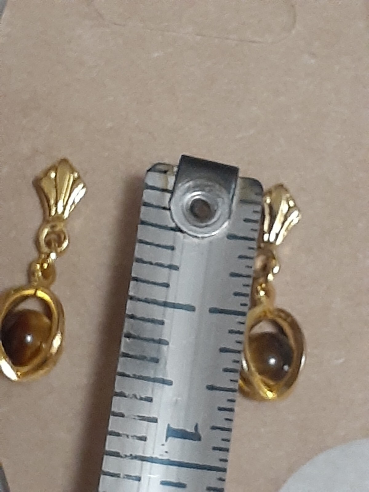 Dainty Tiger’s eye gemstone caged gold tone dangle drop earrings