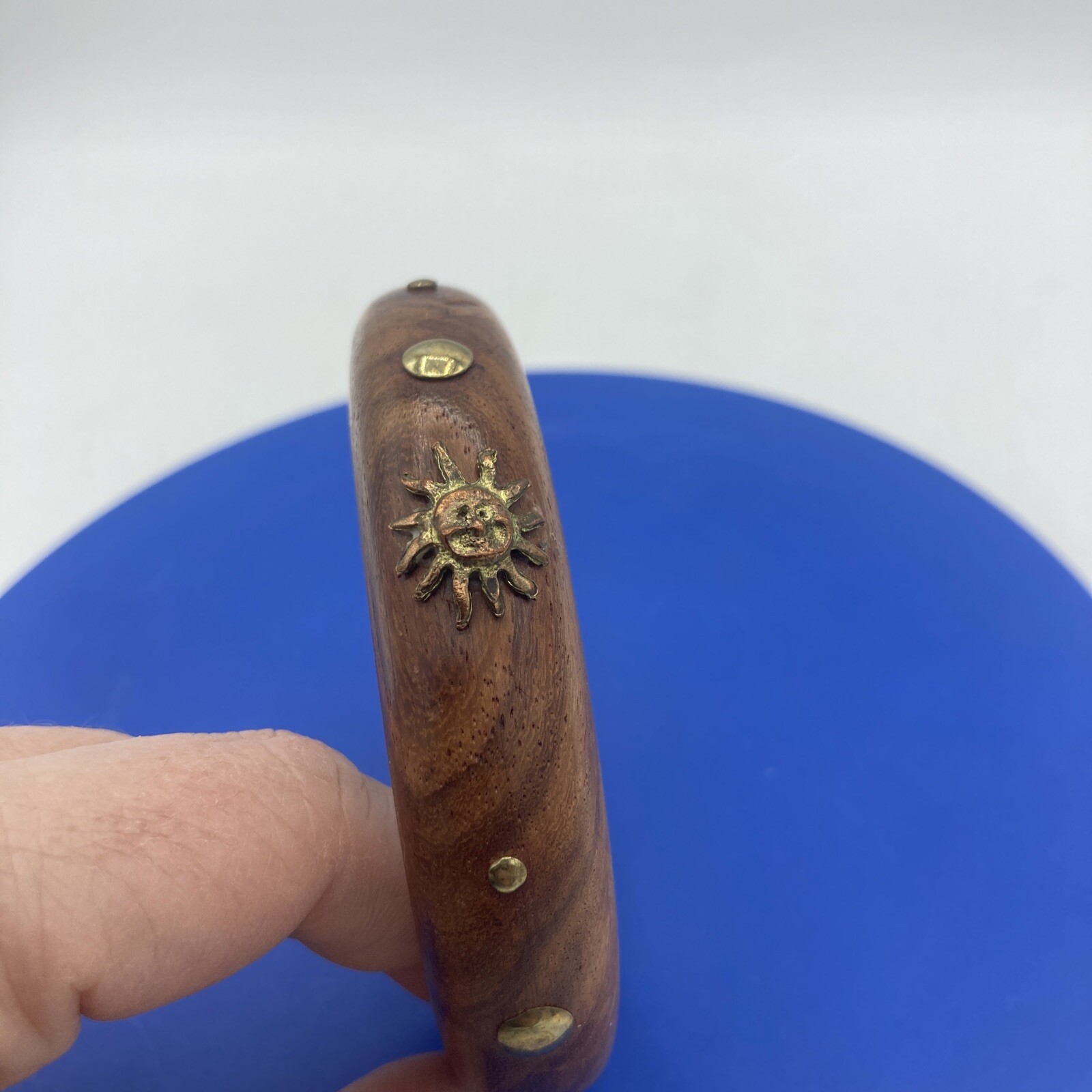 Vtg Wood Cuff Bangle Bracelet Brass Sun & Studs Celestial Boho Whimsigoth 5.5”