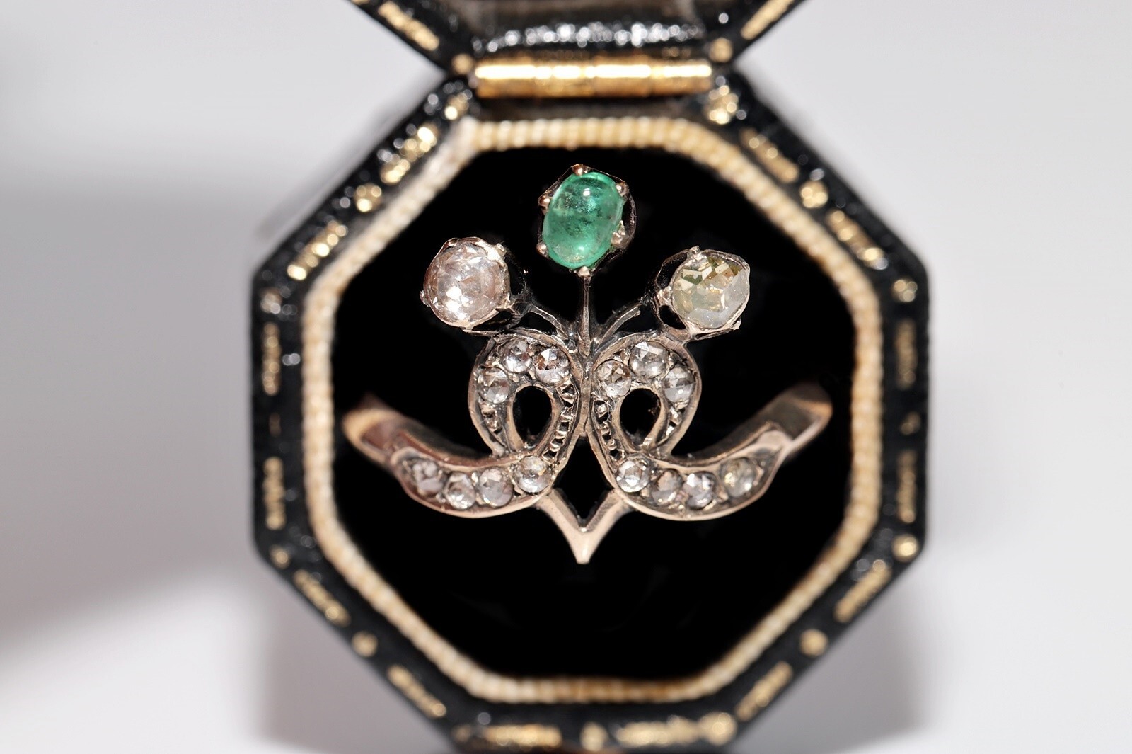 Antique Circa 1900s Ottoman 14k Gold Natural Rose Cut Diamond And Emerald Ring