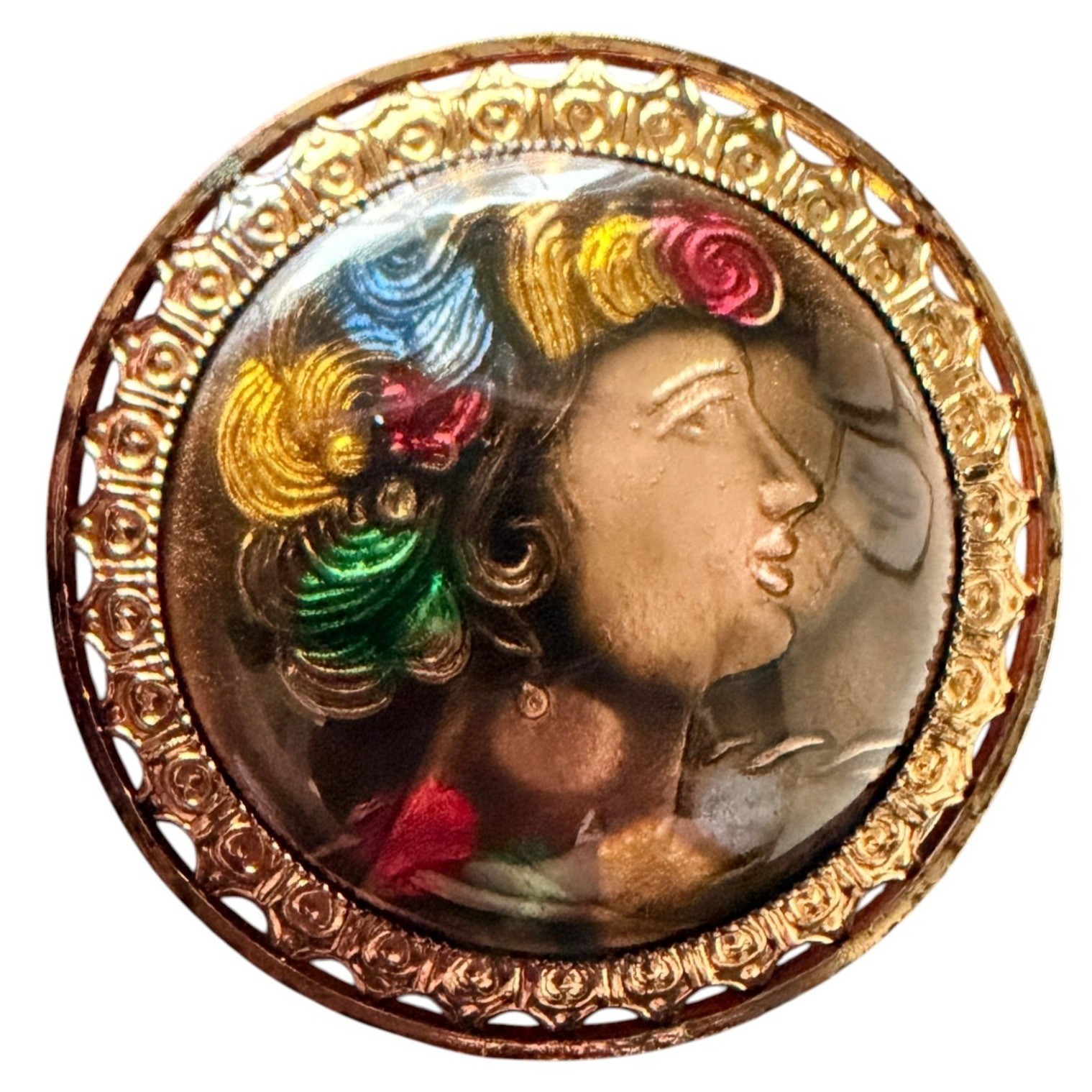 Vintage 1950s Reverse Carved Lucite Renaissance Lady Brooch New Old Stock
