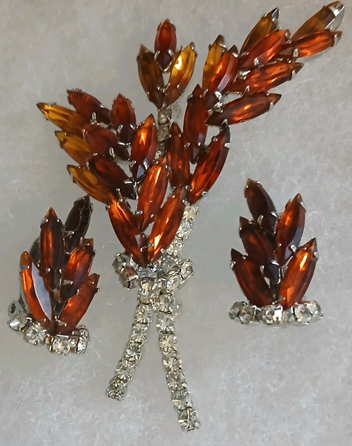Vintage Orange & Amber Rhinestone Spray Brooch & Chip-on Earrings