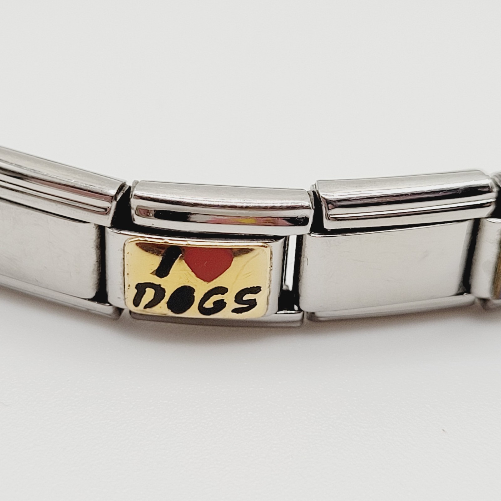 Vintage Italian Style Modular Stainless Steel Charm Bracelet w Mom USA Flag Dog