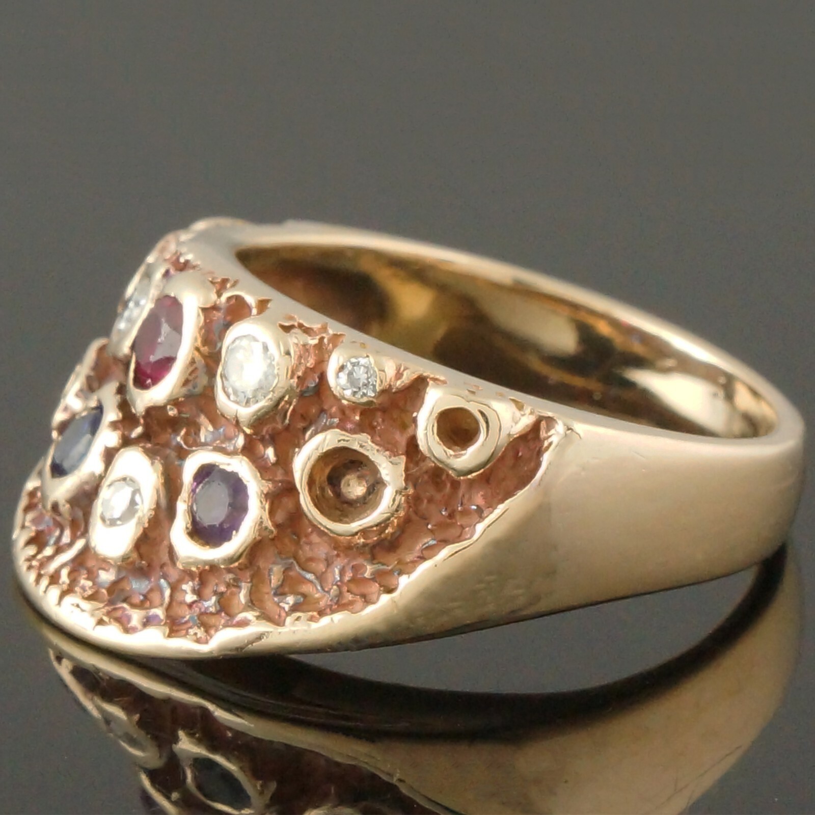 Custom Solid 14K Yellow Gold Ruby, Sapphire, Amethyst, Diamond Half Moon Ring