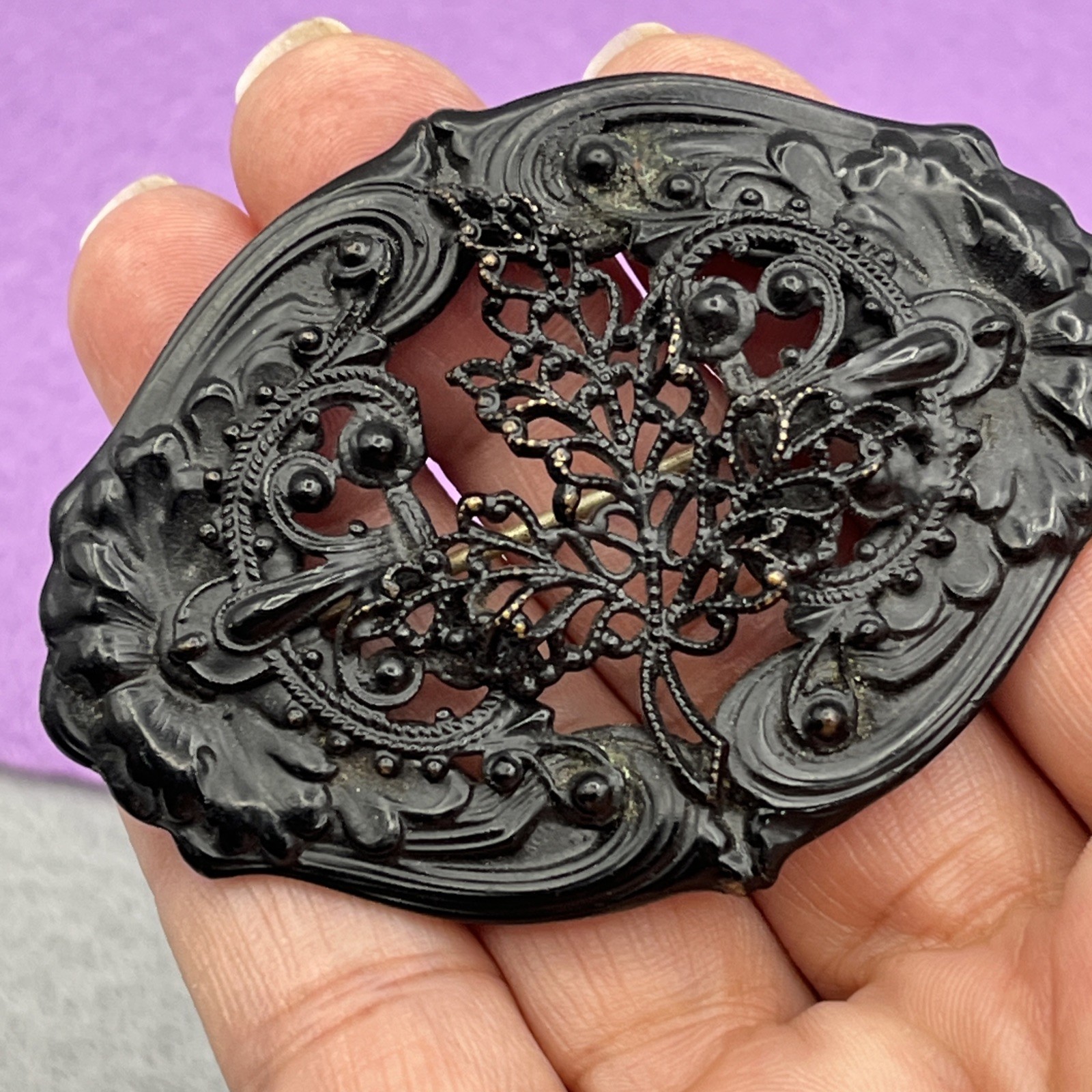Antique Victorian Era Berlin Iron Style Mourning Brooch Filigree Scrools 2.75″