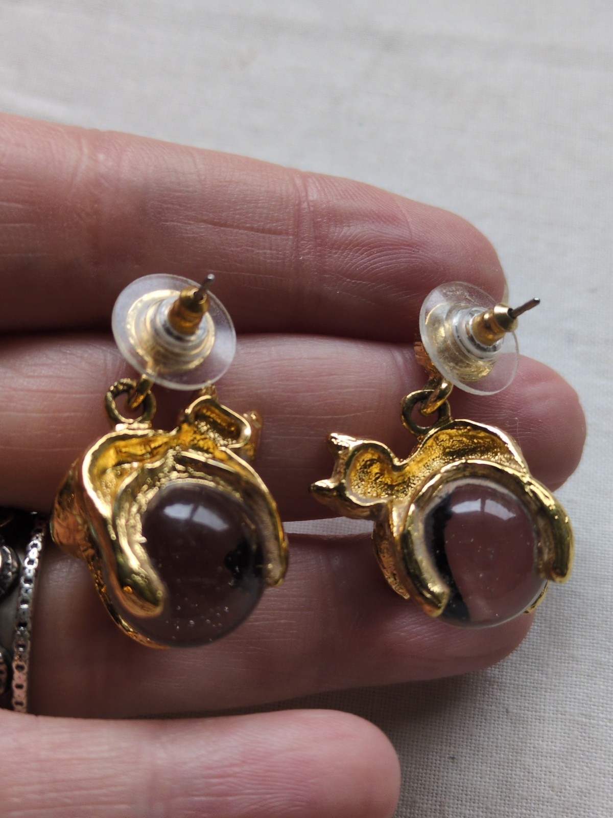 Vintage Cat Pool Of Light Gold Plate Earrings, Crystal Eyes