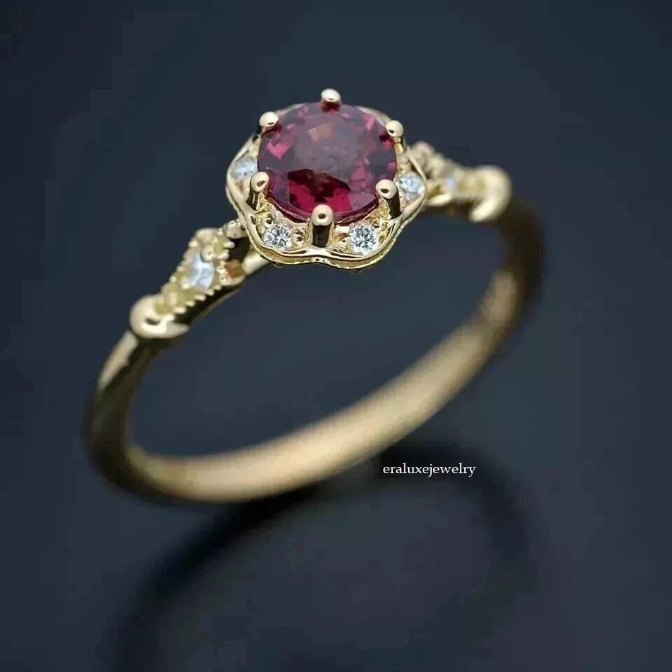 2Ct Art Deco Style Round Lab Created Ruby & Diamond Engagement Ring 14K Gold FN