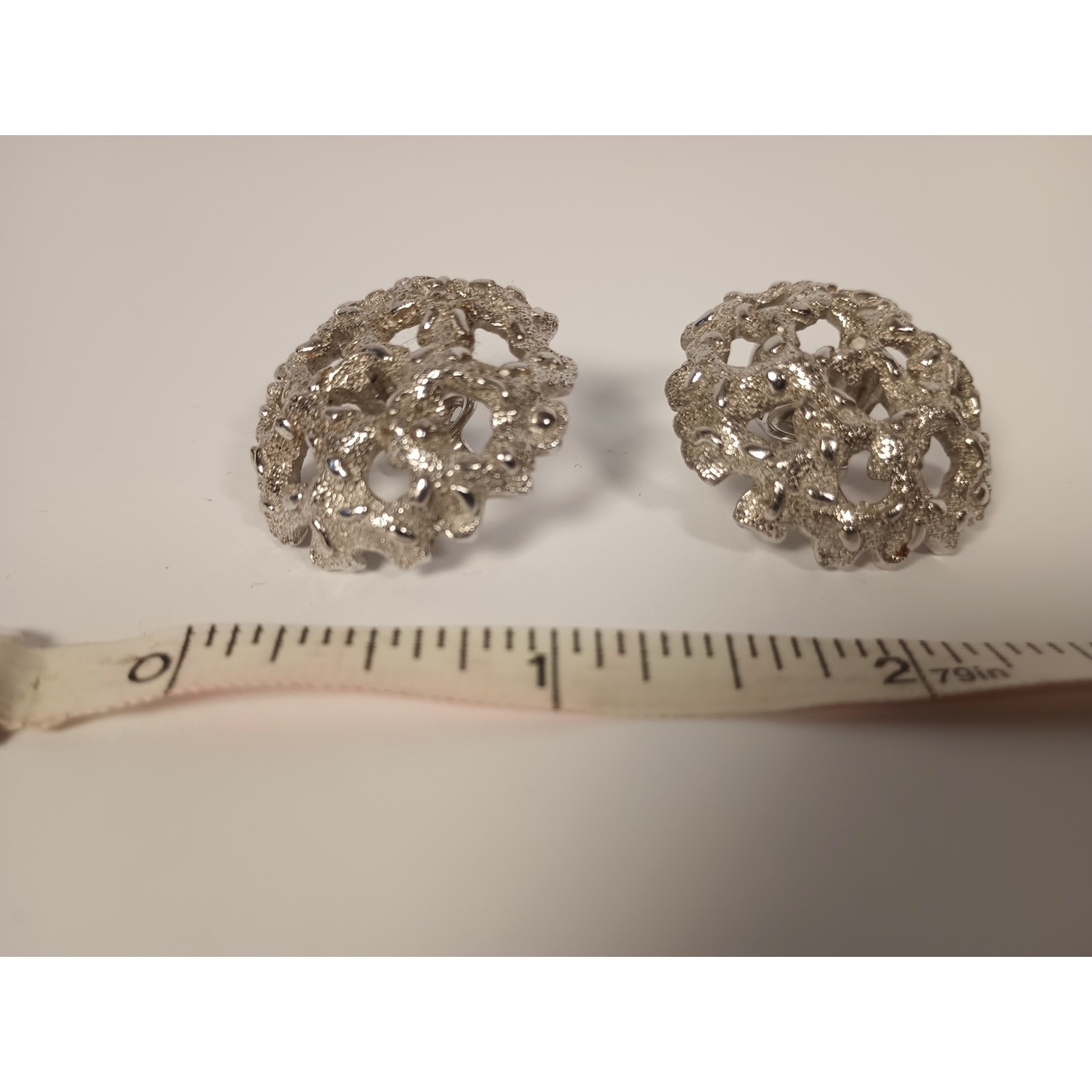 Vintage Crown Trifari ClipOn Earrings Textured Openwork Silver Tone Dome 50s,60s