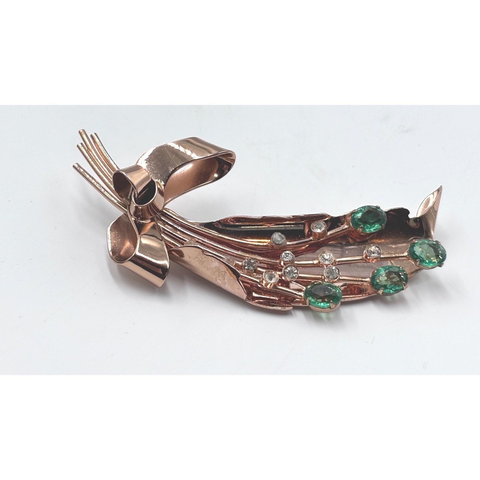 Vintage Coro Pegasus Sterling Silver Rose Gold Vermeil Green Floral Brooch 1940s