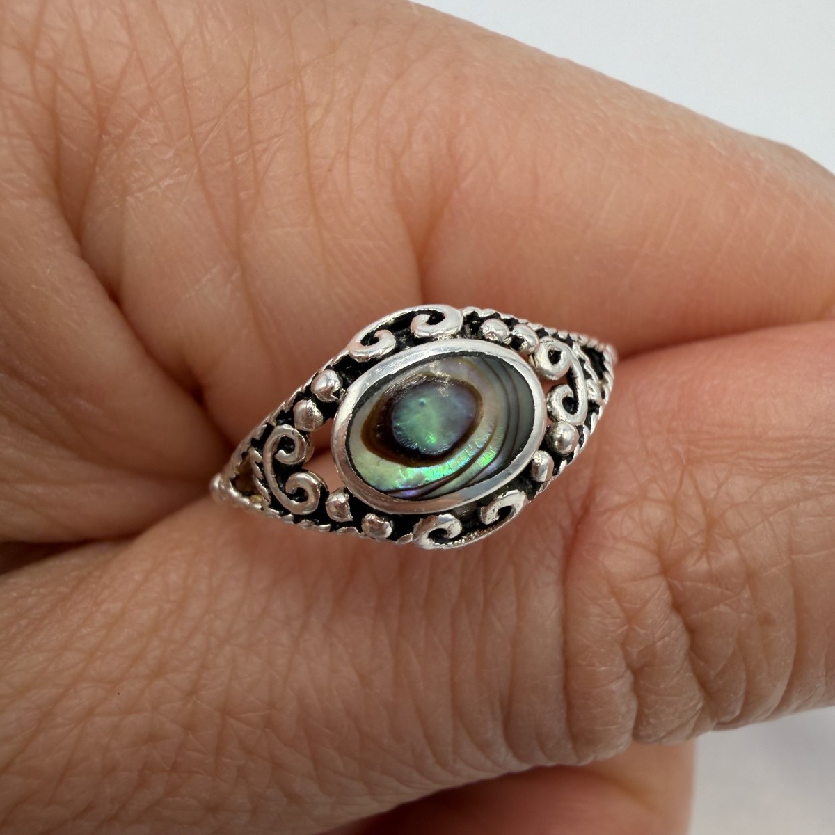 Vintage 925 Sterling Silver Abalone Shell Ring Filigree Boho Women Size 5.5