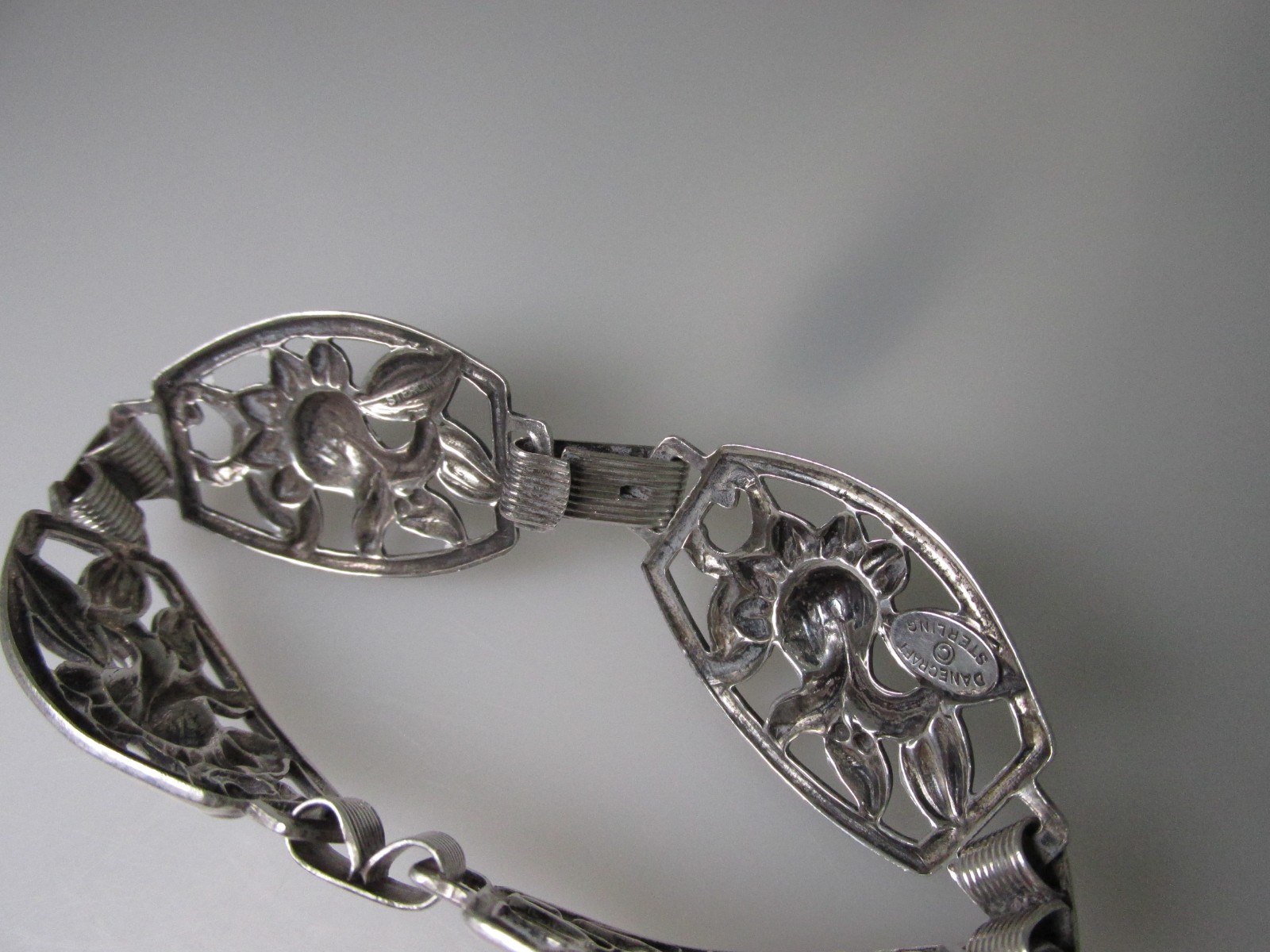 Vintage Danecraft Sterling Silver 925 Art Nouveau Floral Repousse Panel Bracelet
