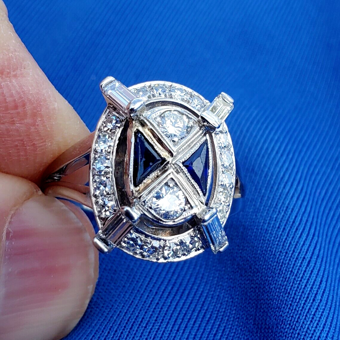 Original EARTH MINED DIAMOND Deco Sapphire Engagement Ring Vintage 18K GOLD