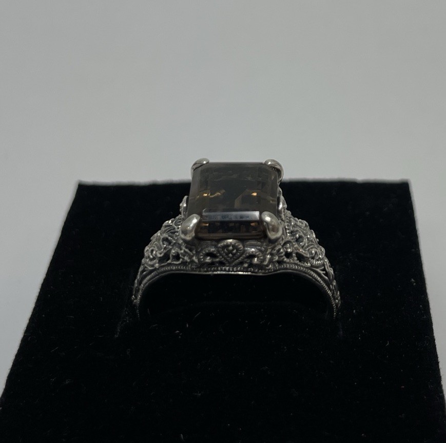Estate Ring Smokey Gray Quartz Sterling Silver Sz 9.5 Baguette Art Nouveau Style