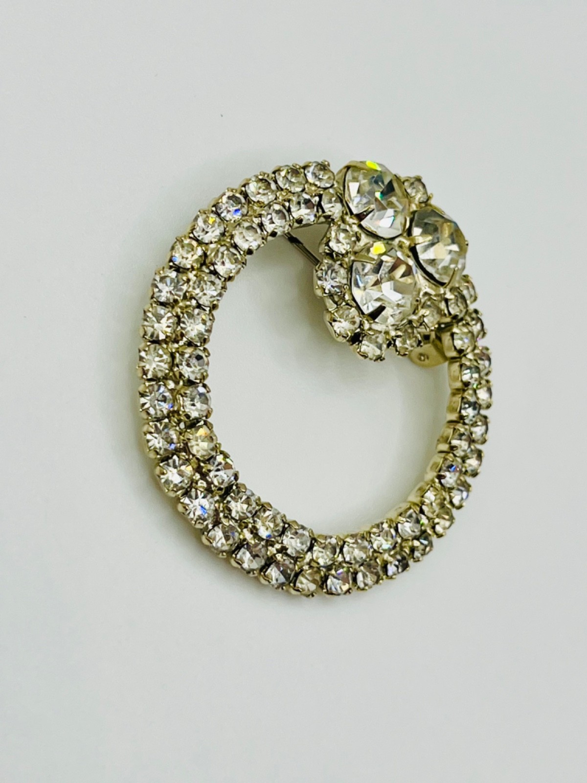 Vintage Clear Rhinestone Wreath Brooch Silver Tone