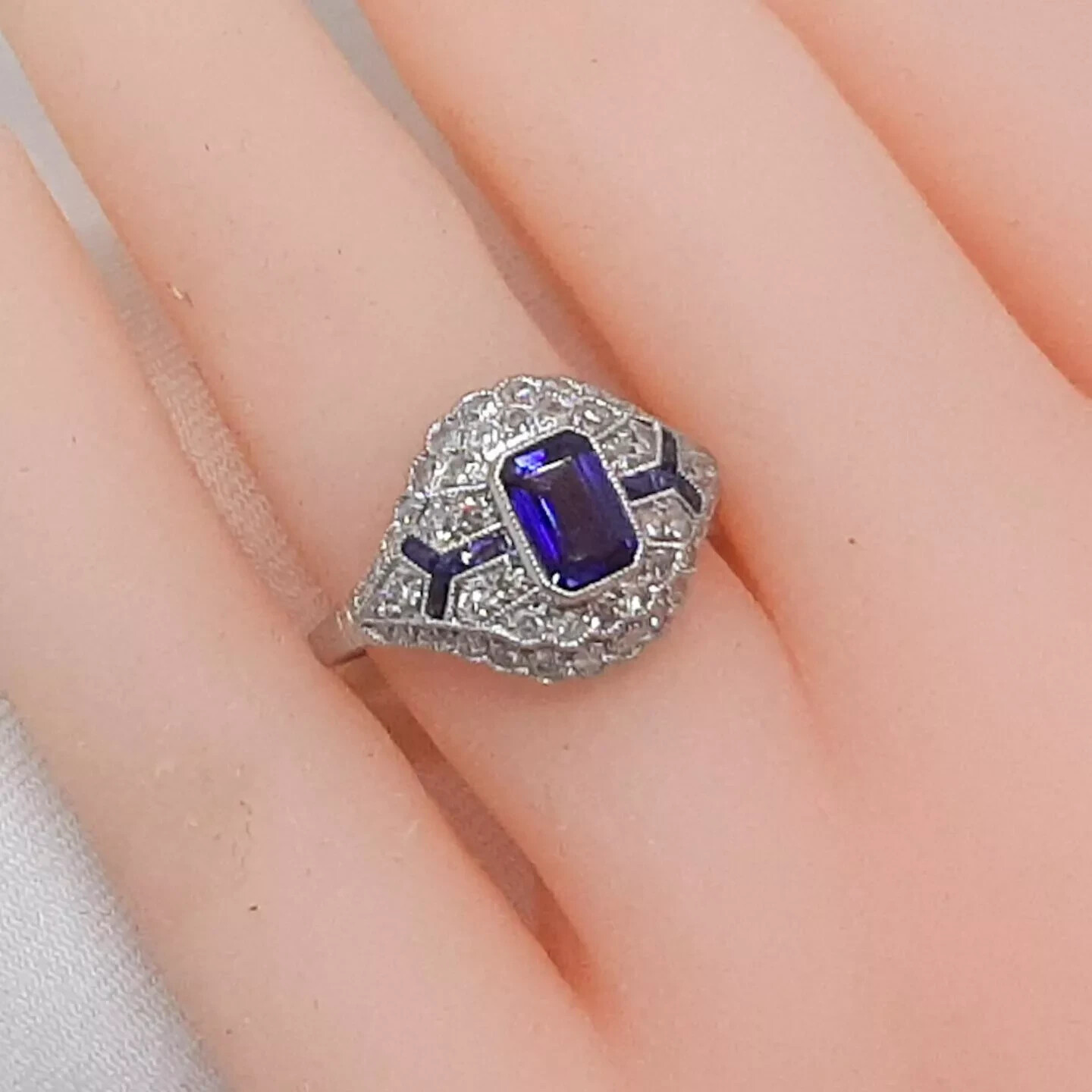 Art Deco Style 2.5Ct Sapphire Lab Created Diamond 14K White Gold FN Wedding Ring