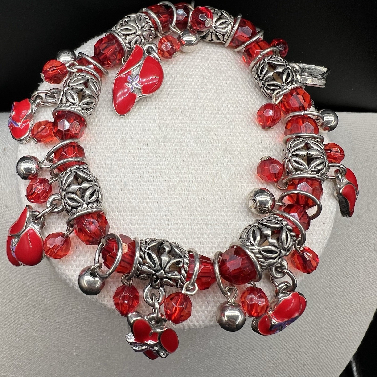 Vintage Dangle Charm Bracelet Red Enamel Hat Charms Filigree Spacer Beads