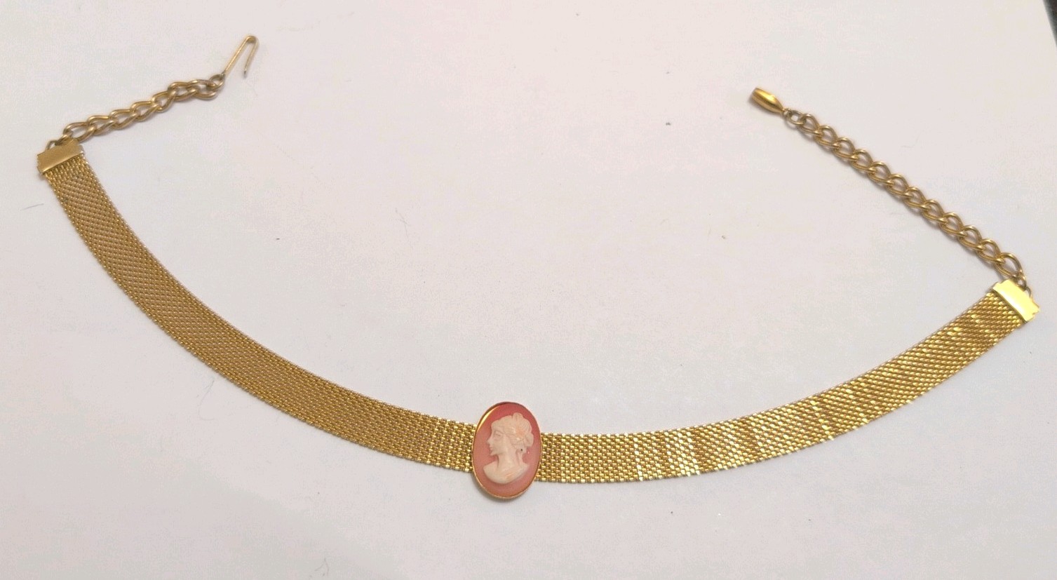 Vintage Gold Tone 15 Inch Mesh Choker Necklace With Cameo Signed Karu