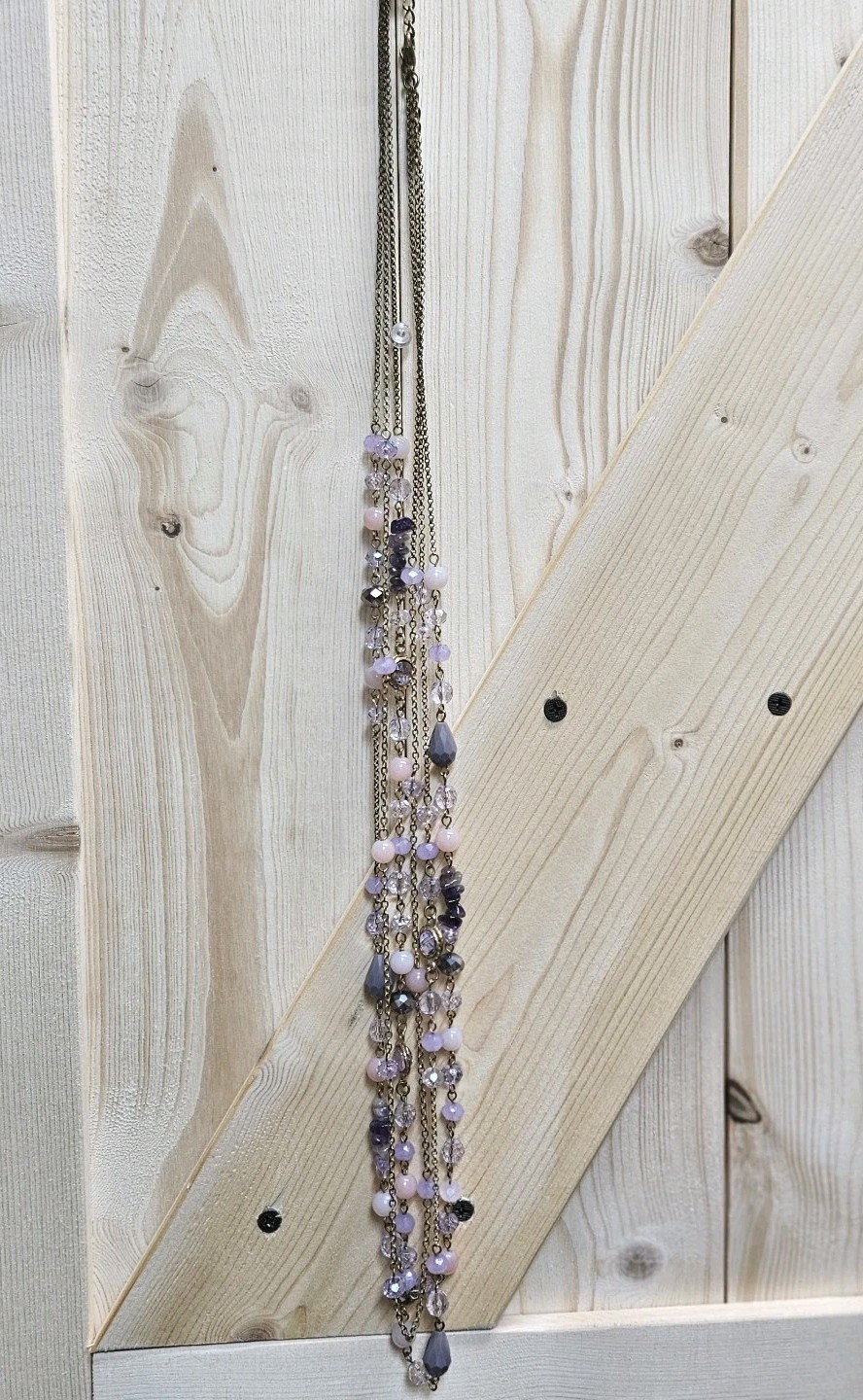 Long Layered Amethyst Chalcedony Crystal Bead Necklace Purple Pink Gold Tone