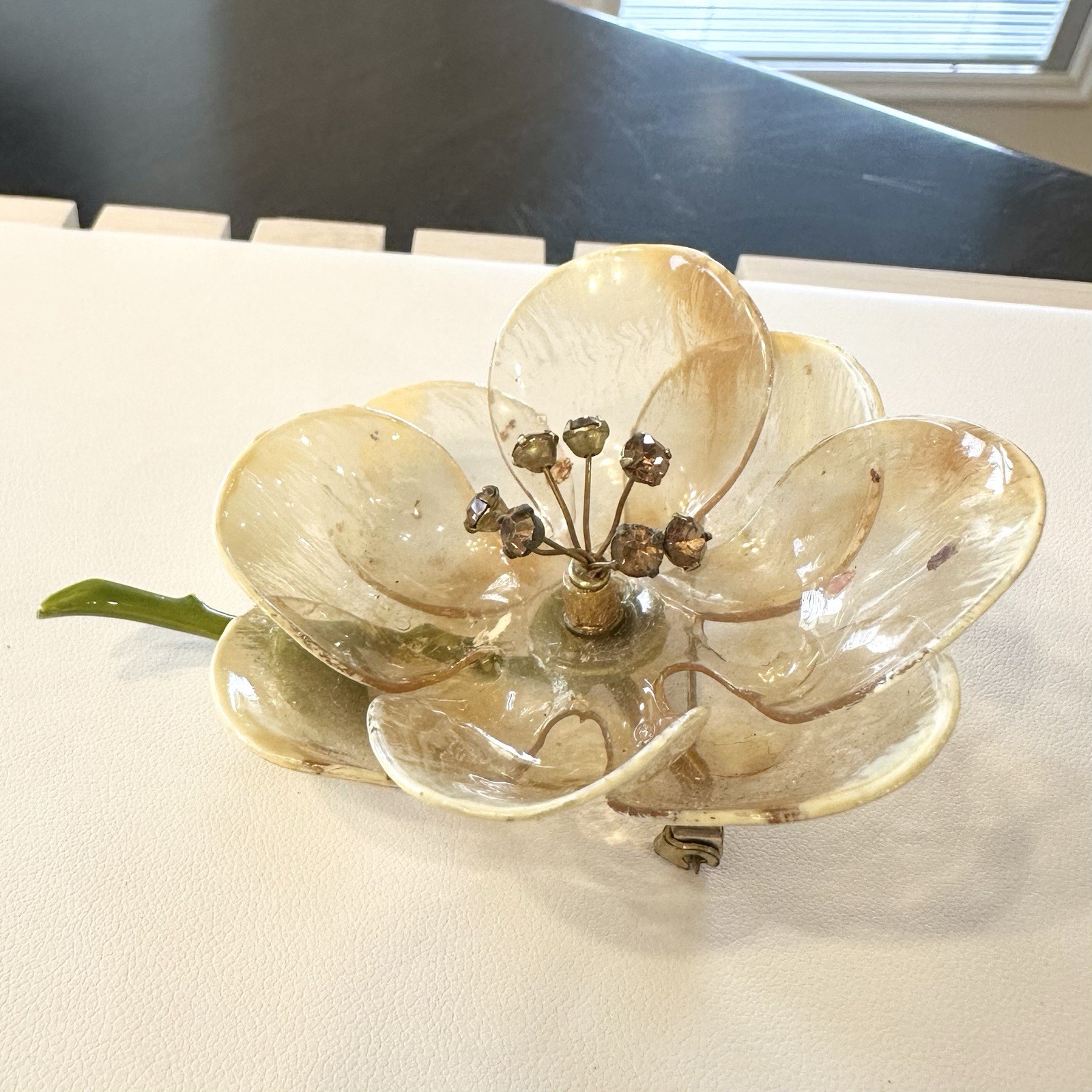 Vintage Delicate Cellulose Acetate Rhinestone Flower Brooch