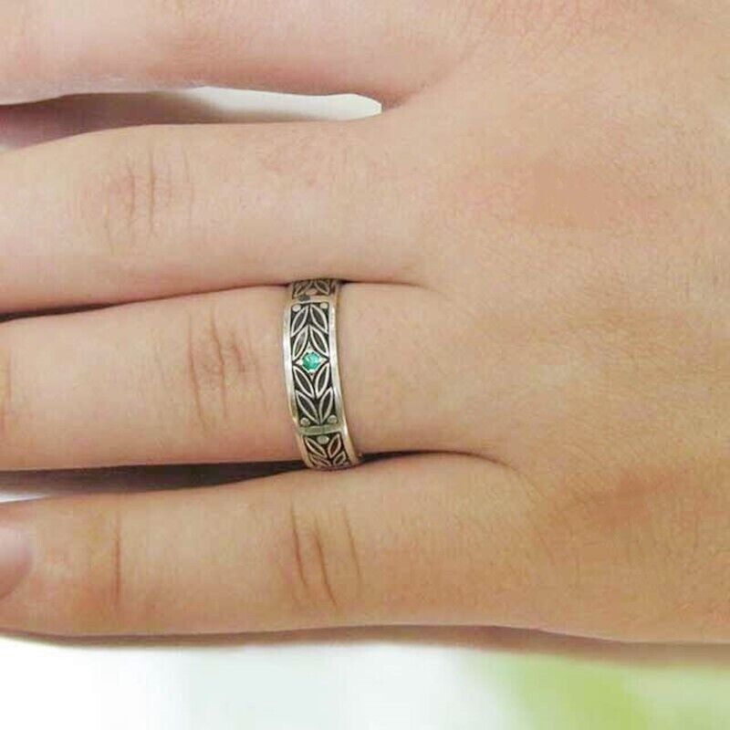Silver Plated Retro Leaf Vintage Antique Birthday Band 1 Ct CZ Anniversary Ring