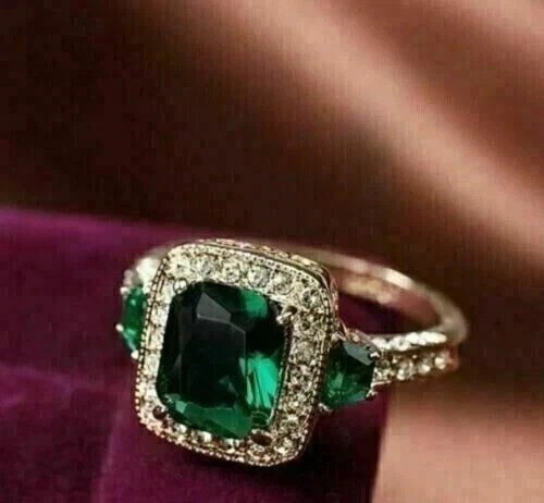 3Ct VVS1 Cushion Cut Lab Created Emerald Diamond Wedding 14K White Gold FN Ring