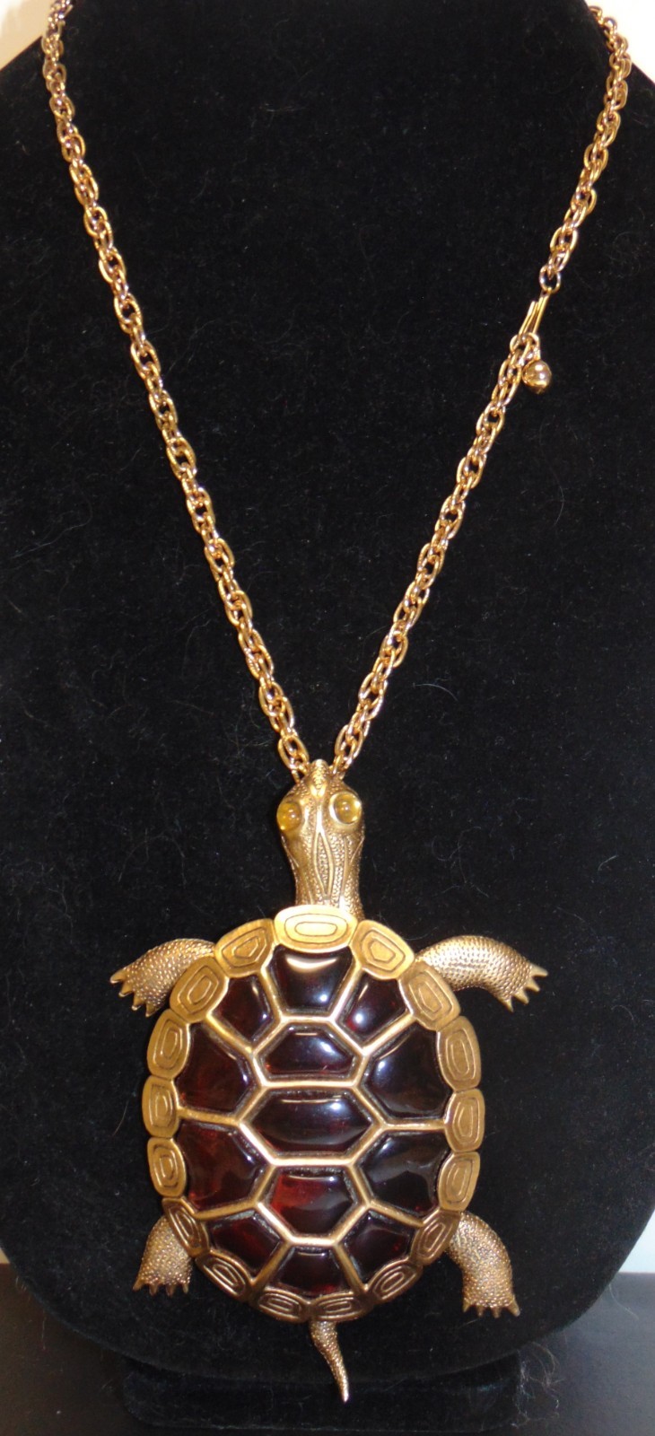 Large Articulated Brown Amber Color Shell Tortoise Pendant Necklace